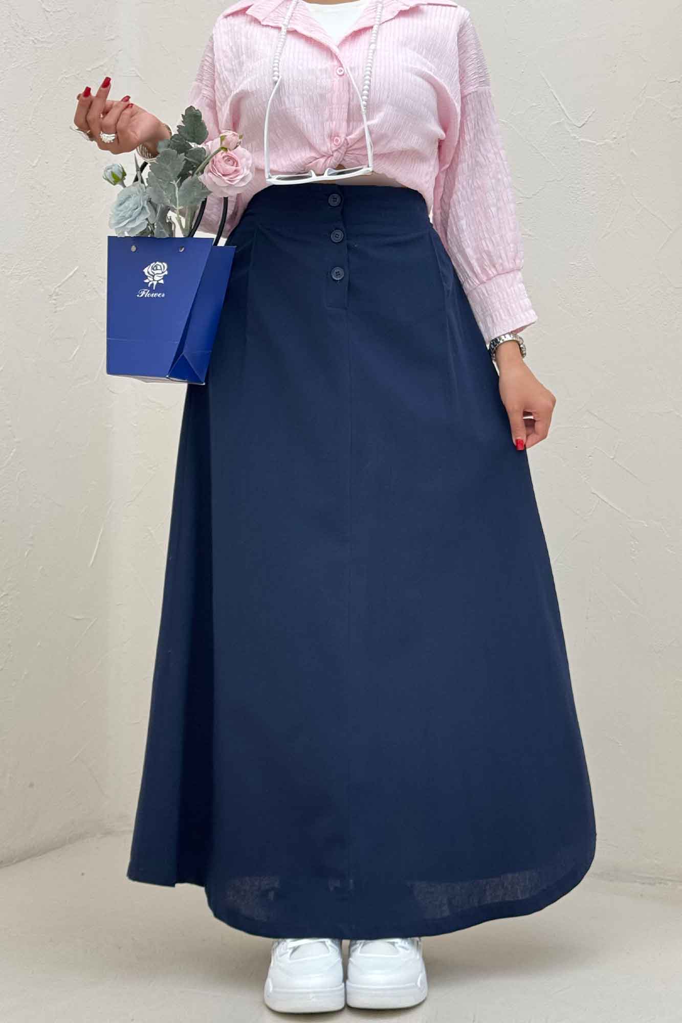 دامن لینن بلند جلو پیله سه دکمه