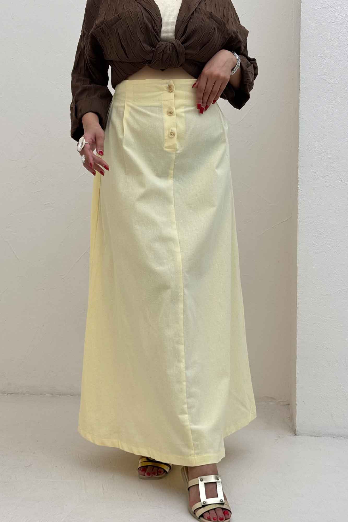 دامن لینن بلند جلو پیله سه دکمه