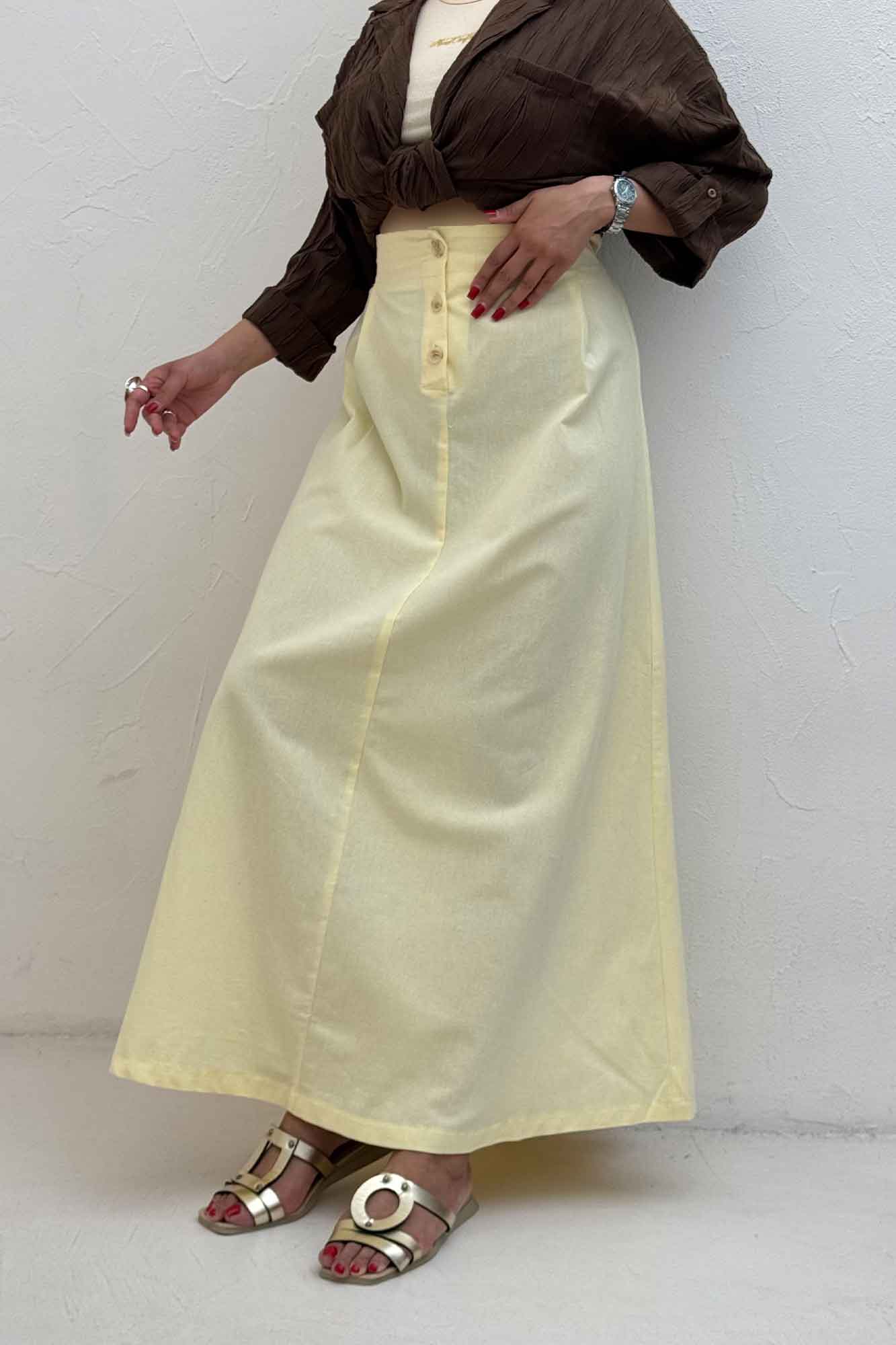 دامن لینن بلند جلو پیله سه دکمه