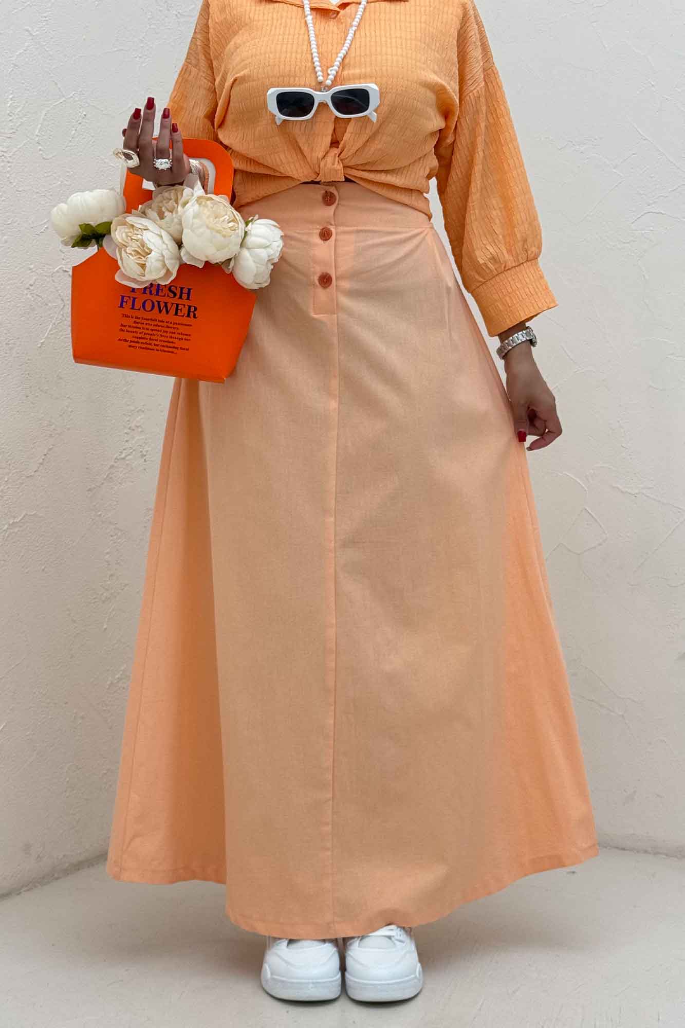 دامن لینن بلند جلو پیله سه دکمه