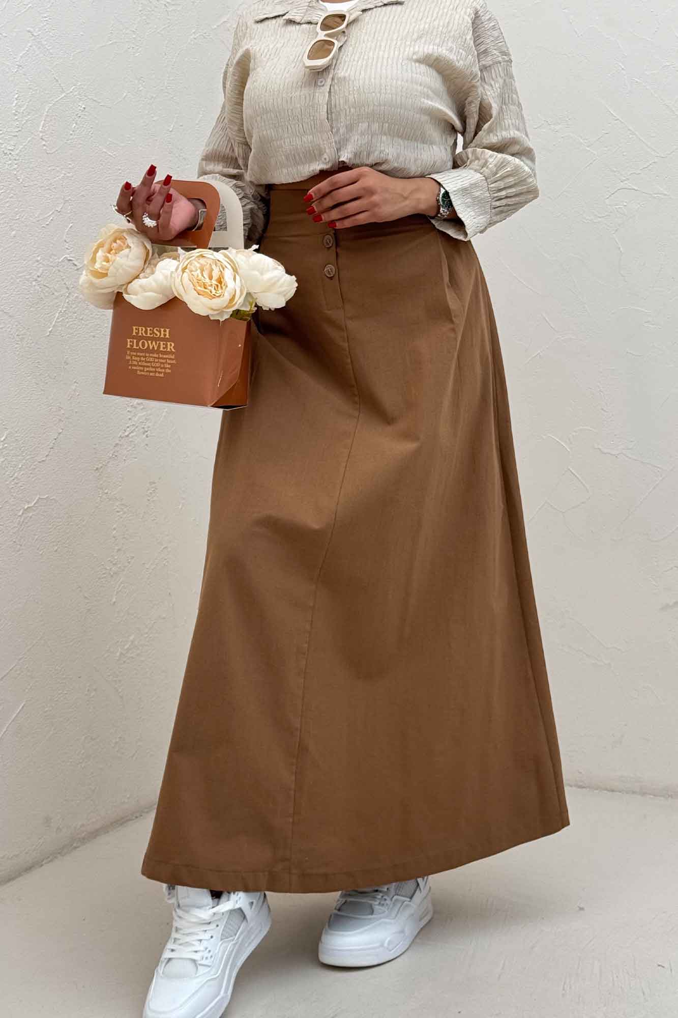 دامن لینن بلند جلو پیله سه دکمه