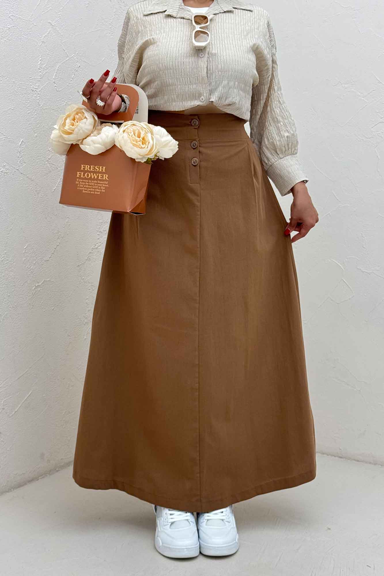 دامن لینن بلند جلو پیله سه دکمه