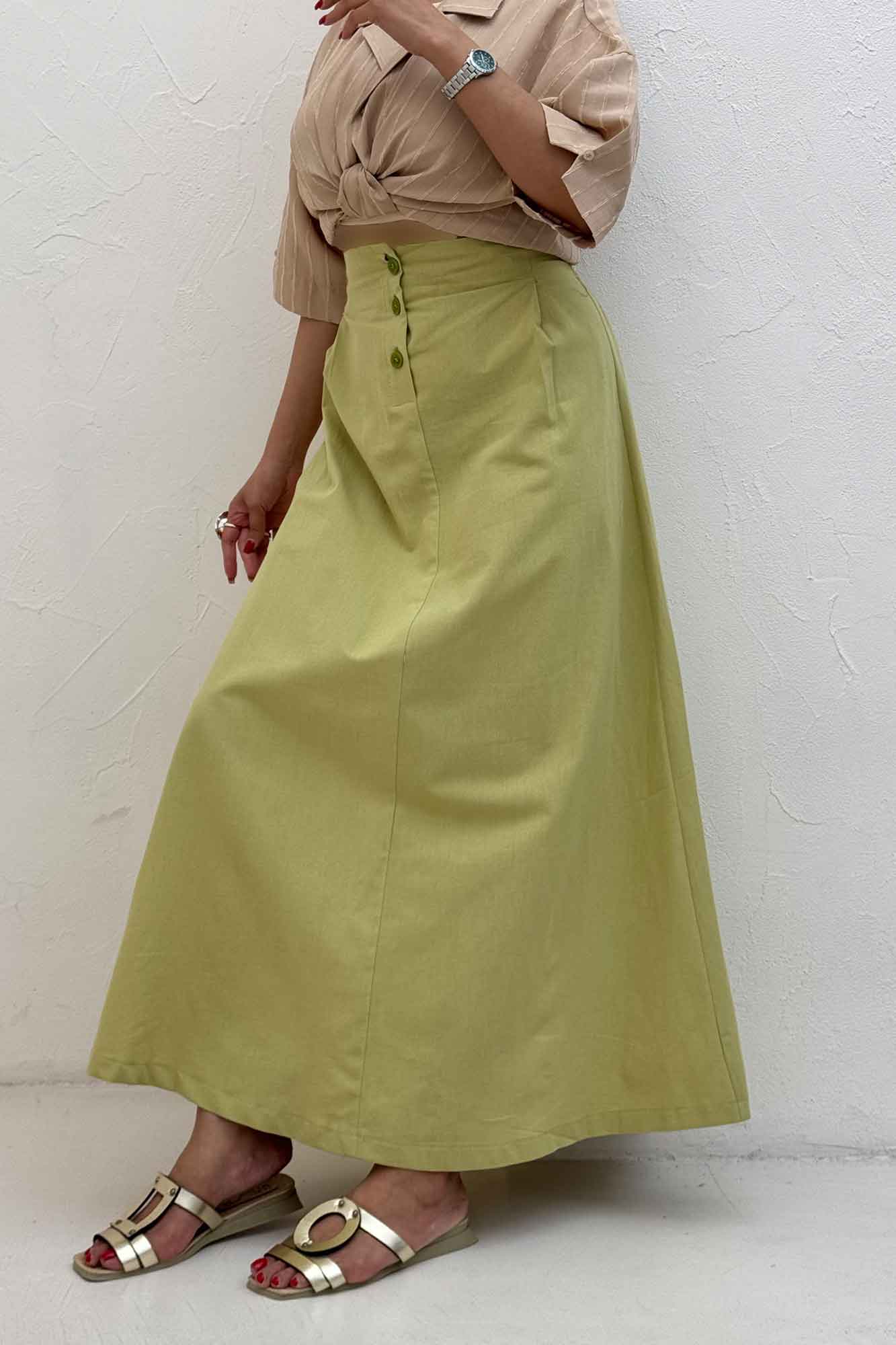 دامن لینن بلند جلو پیله سه دکمه
