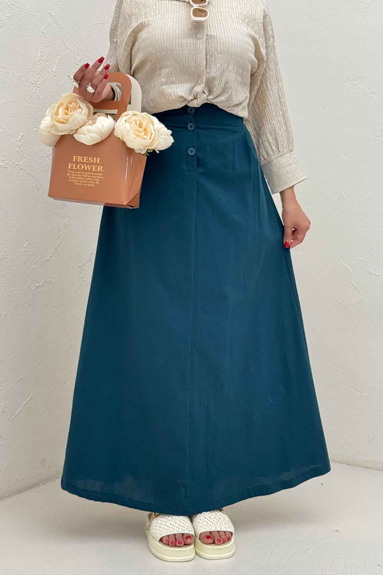 دامن لینن بلند جلو پیله سه دکمه