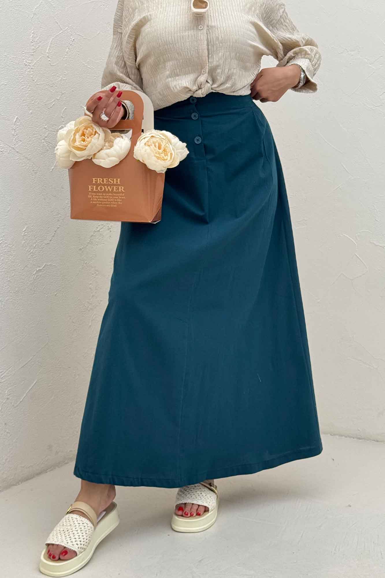 دامن لینن بلند جلو پیله سه دکمه