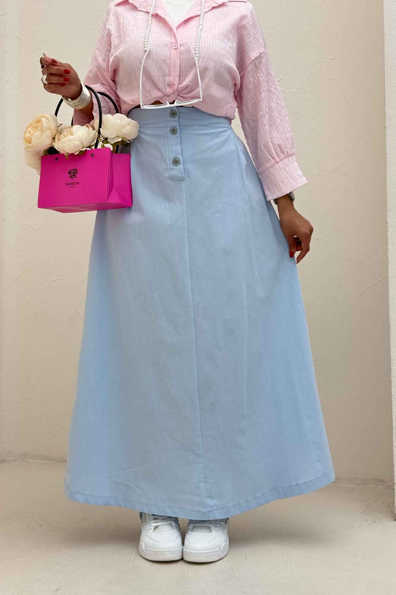 دامن لینن بلند جلو پیله سه دکمه