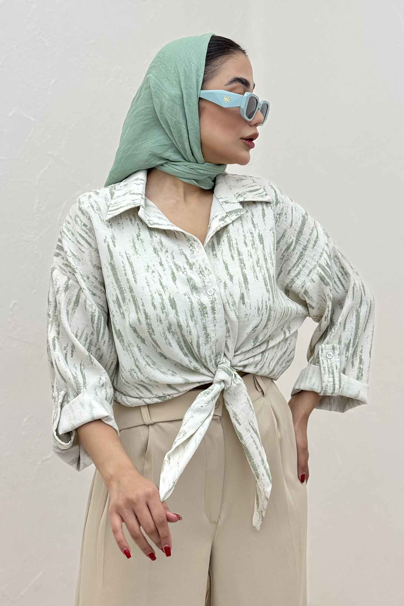 شومیز پرینتی گره ای آستین پاگن کد 5