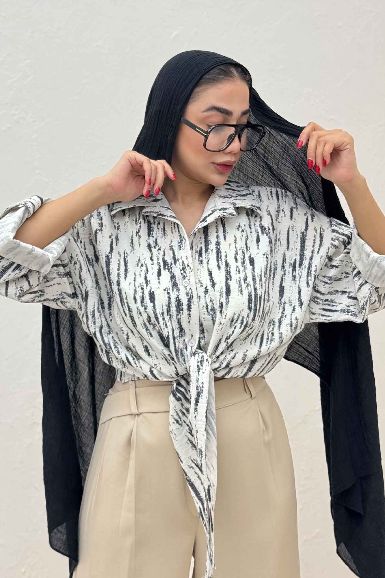 شومیز پرینتی گره ای آستین پاگن کد 5