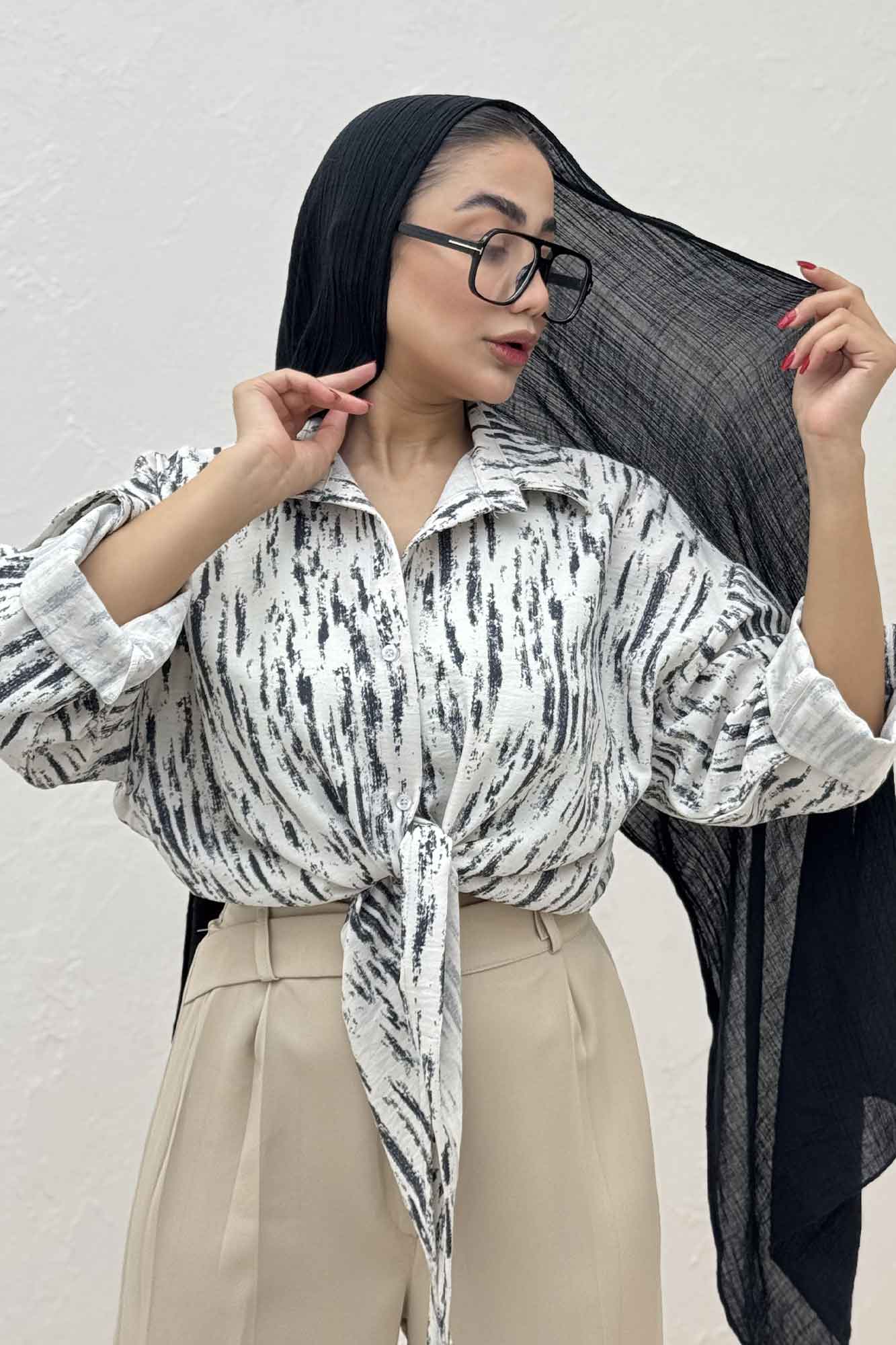 شومیز پرینتی گره ای آستین پاگن کد 5