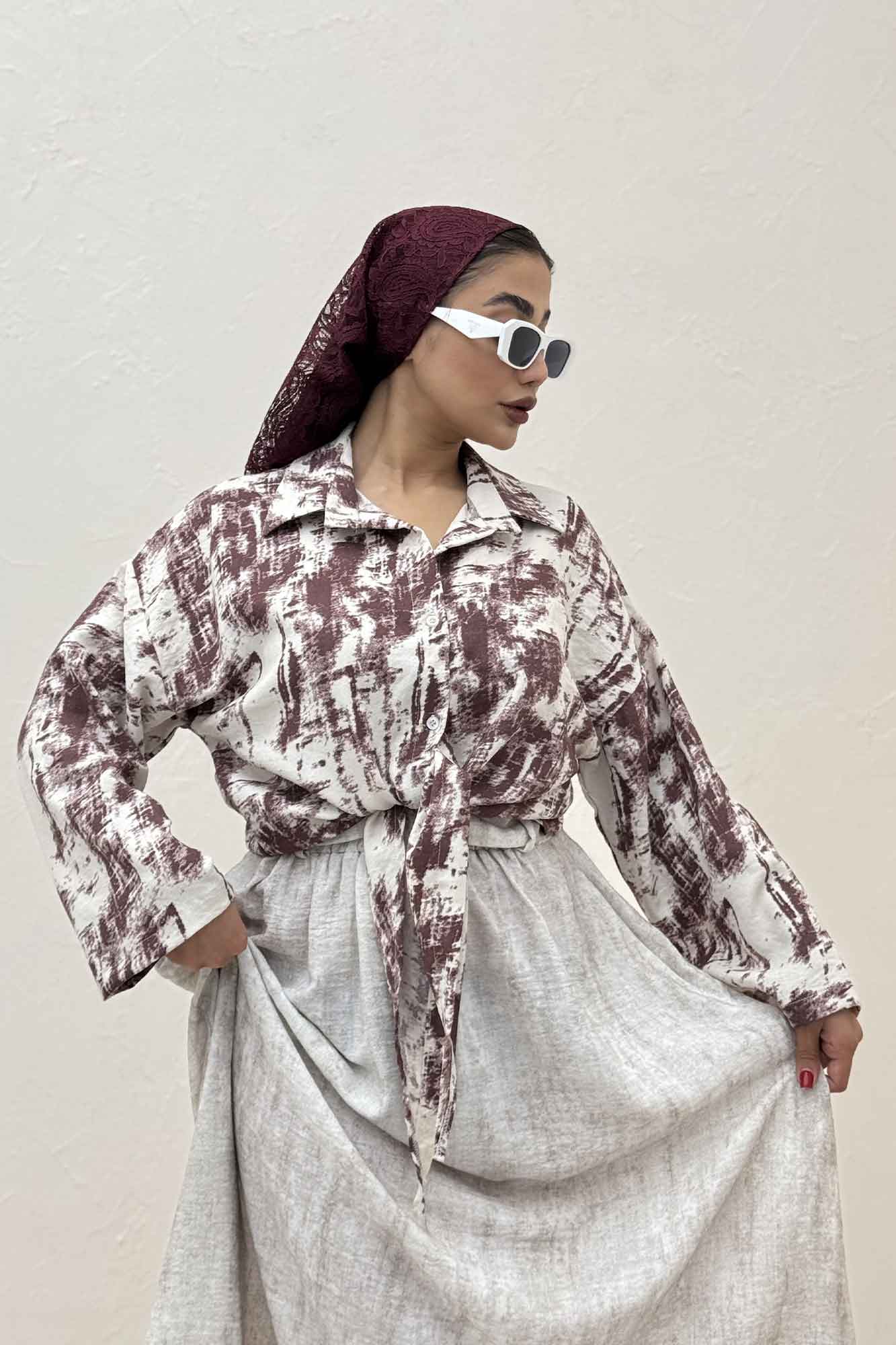 شومیز پرینتی گره ای آستین پاگن کد 3