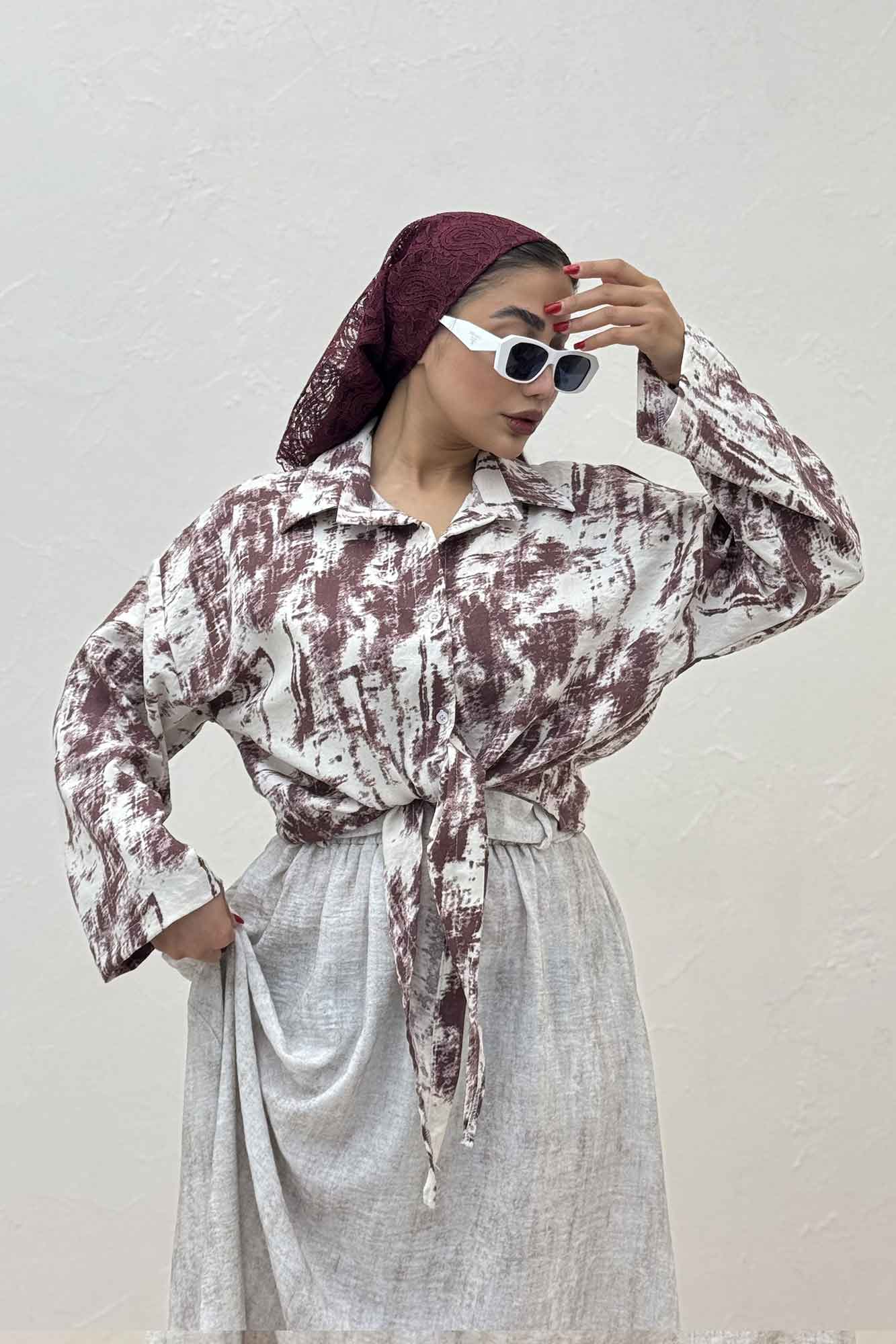 شومیز پرینتی گره ای آستین پاگن کد 3