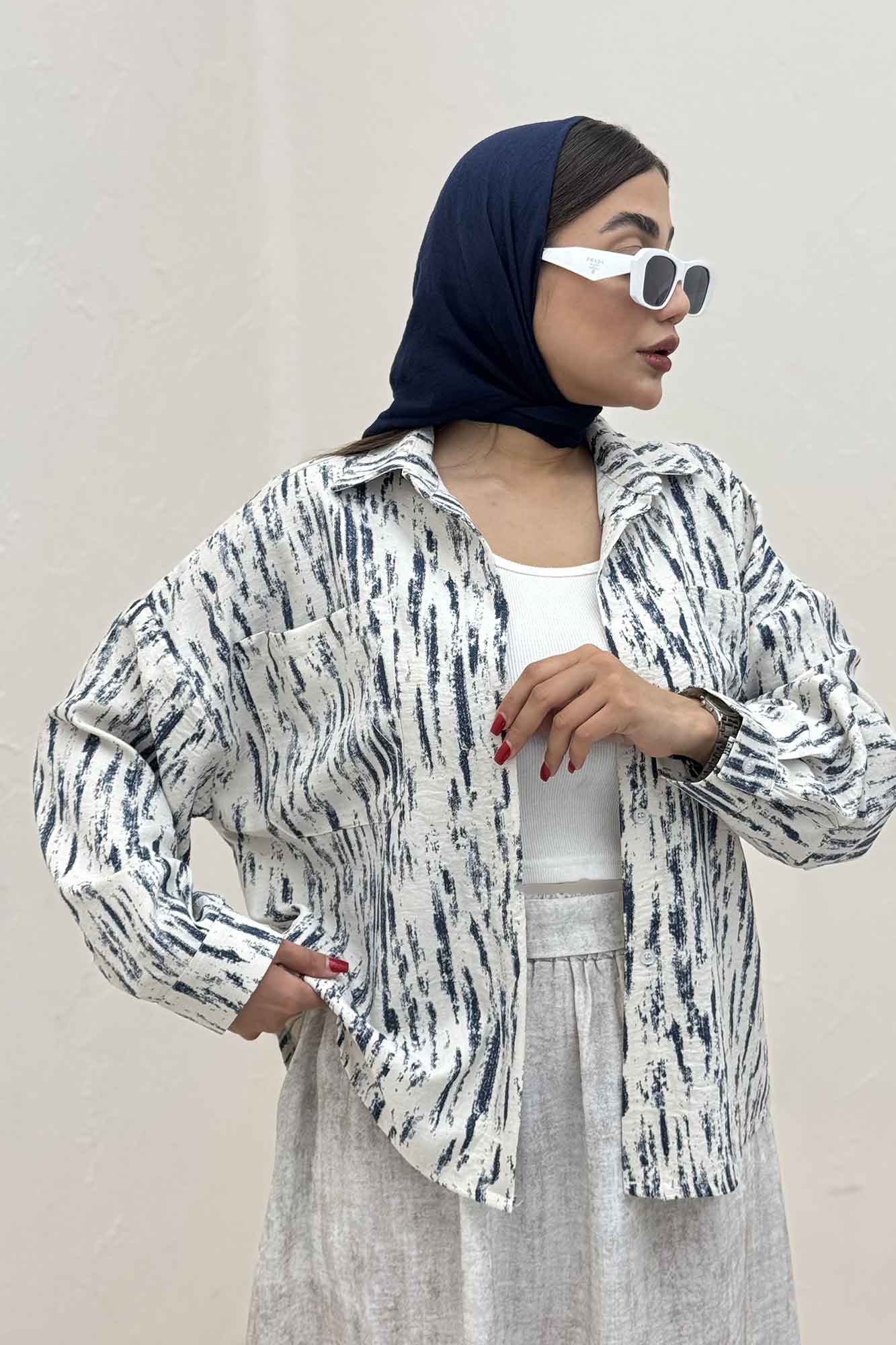 شومیز مانتویی پرینتی دو جیب تک پیله کد 5