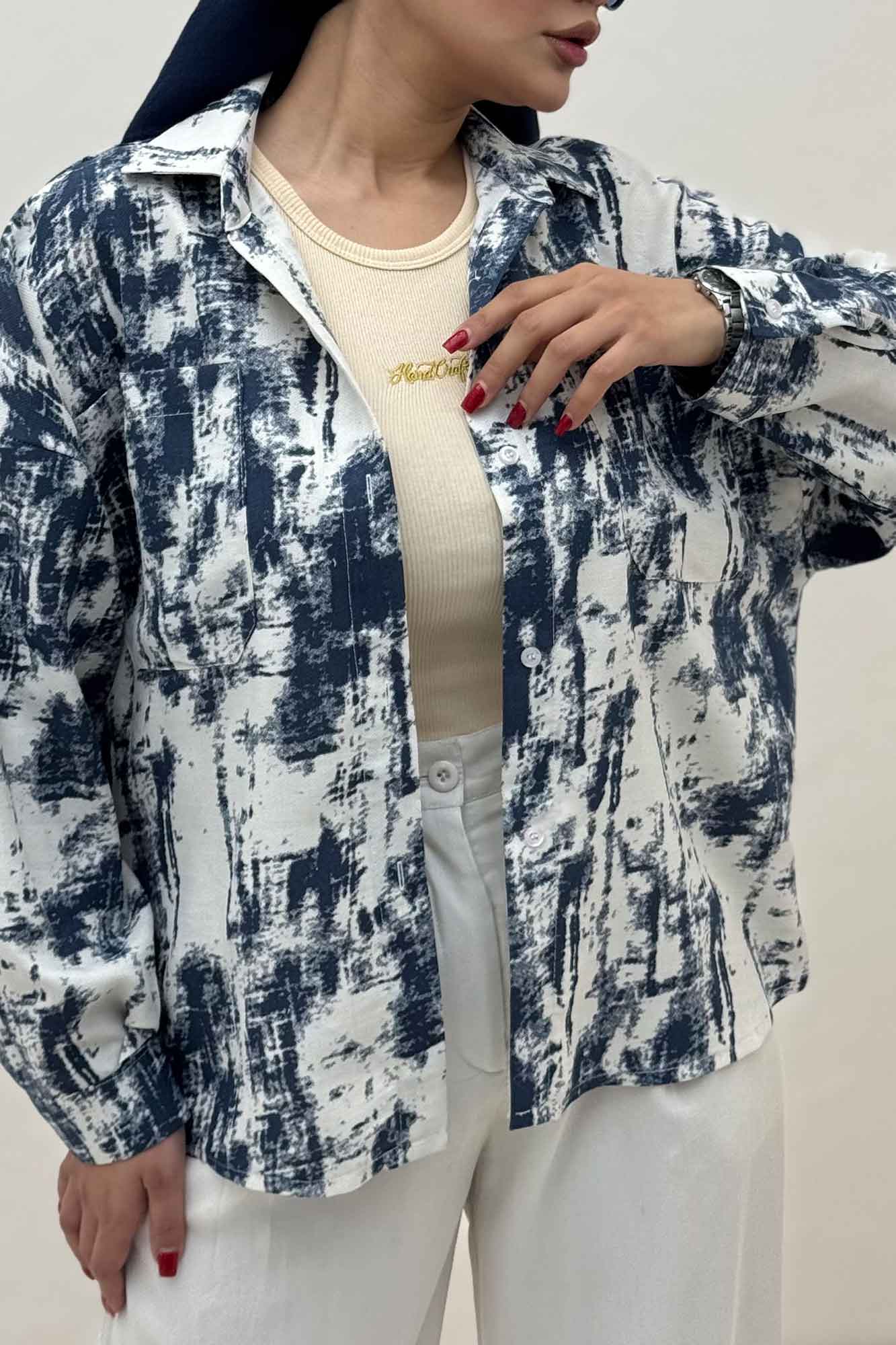 شومیز مانتویی پرینتی دو جیب تک پیله کد 3