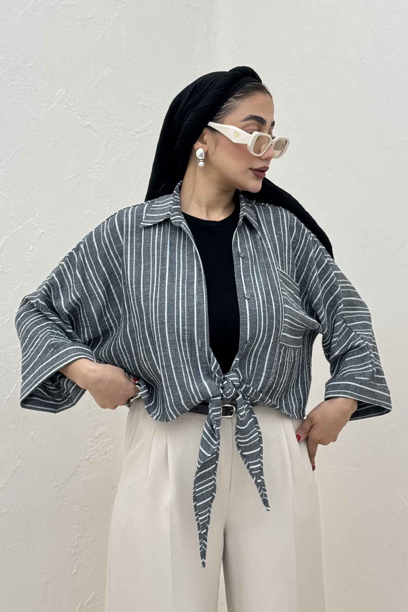 شومیز گره ای لینن زارا تک جیب