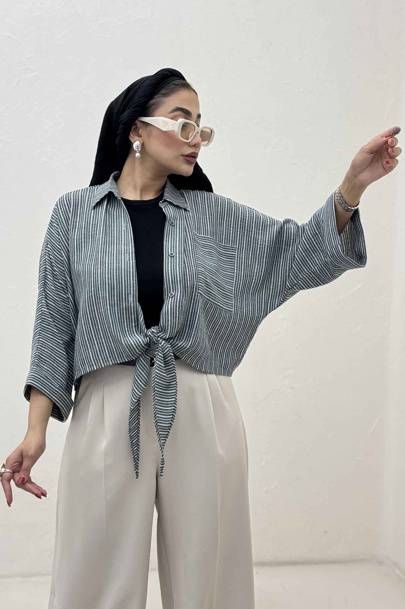 شومیز گره ای لینن زارا تک جیب