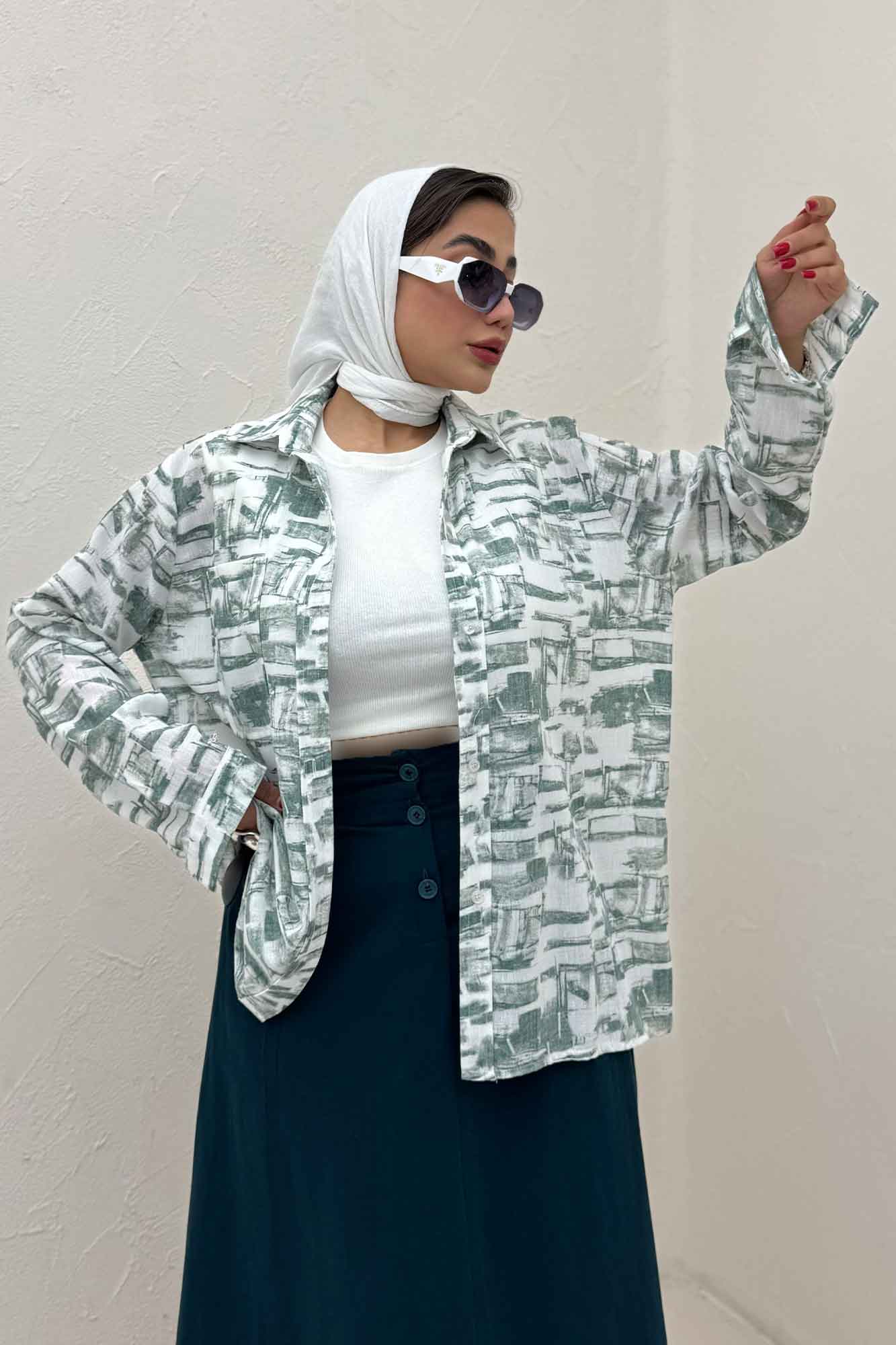 شومیز مانتویی لینن اسلپ مچ دار کد 3