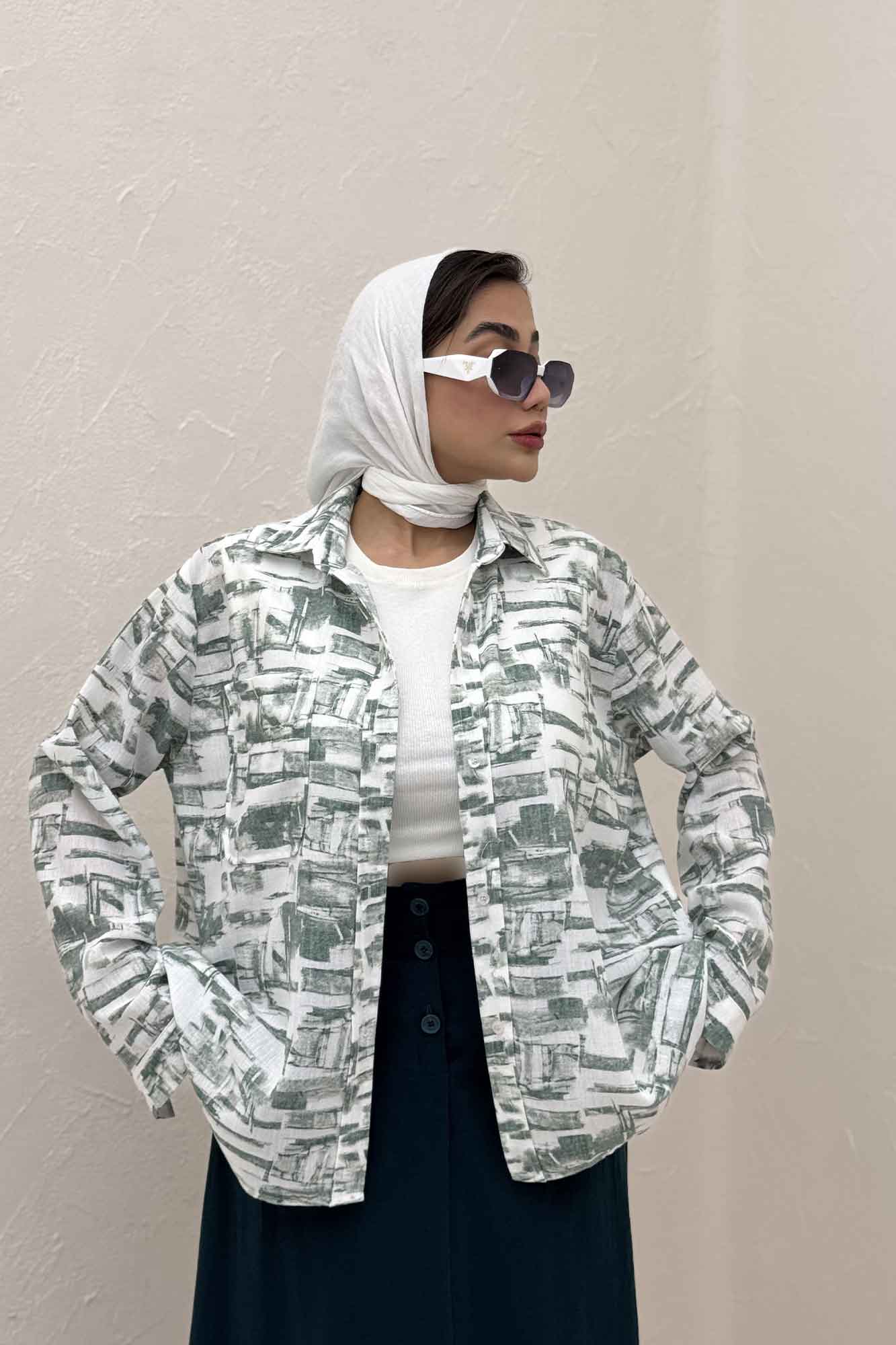 شومیز مانتویی لینن اسلپ مچ دار کد 3