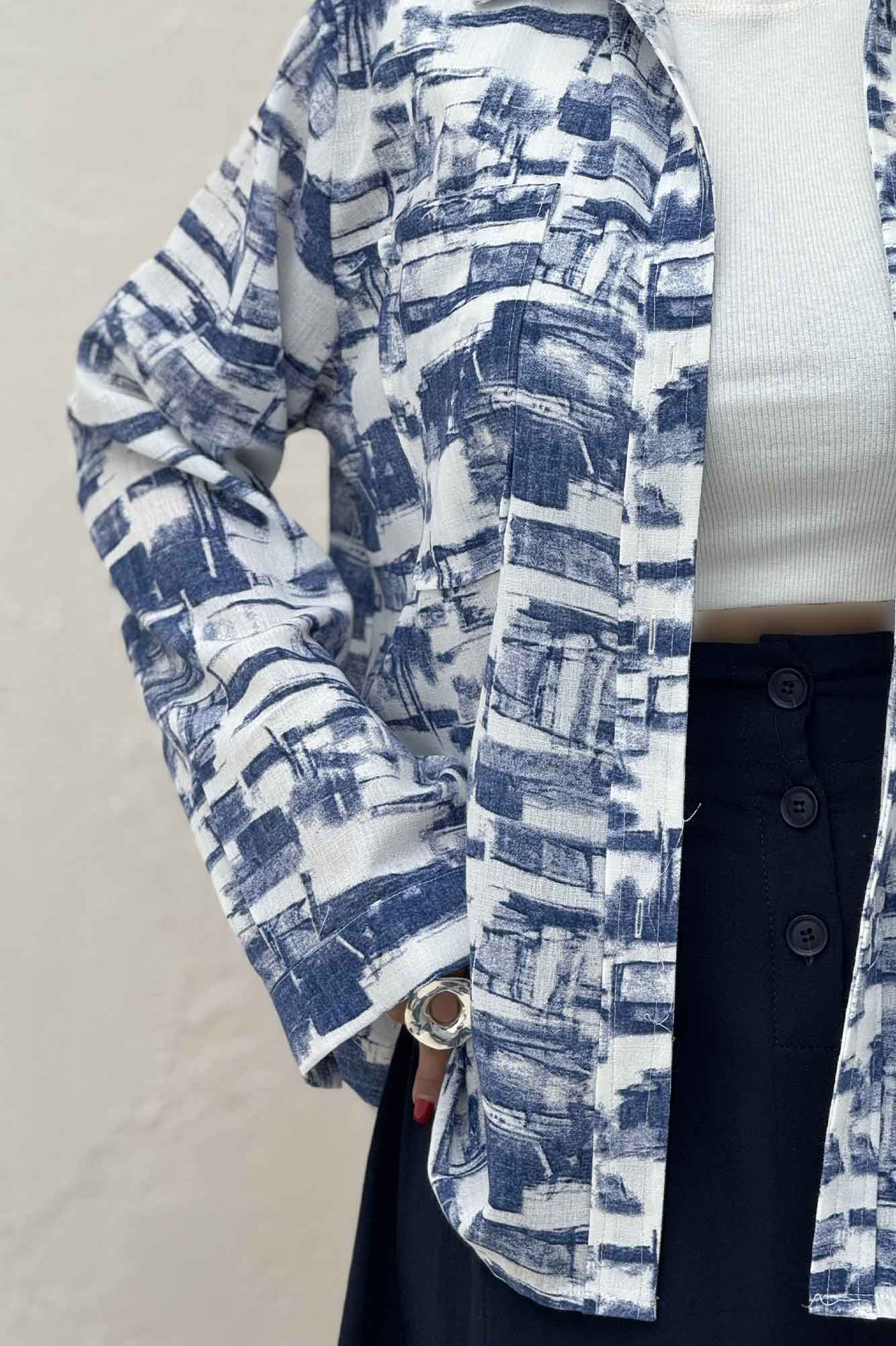 شومیز مانتویی لینن اسلپ مچ دار کد 3