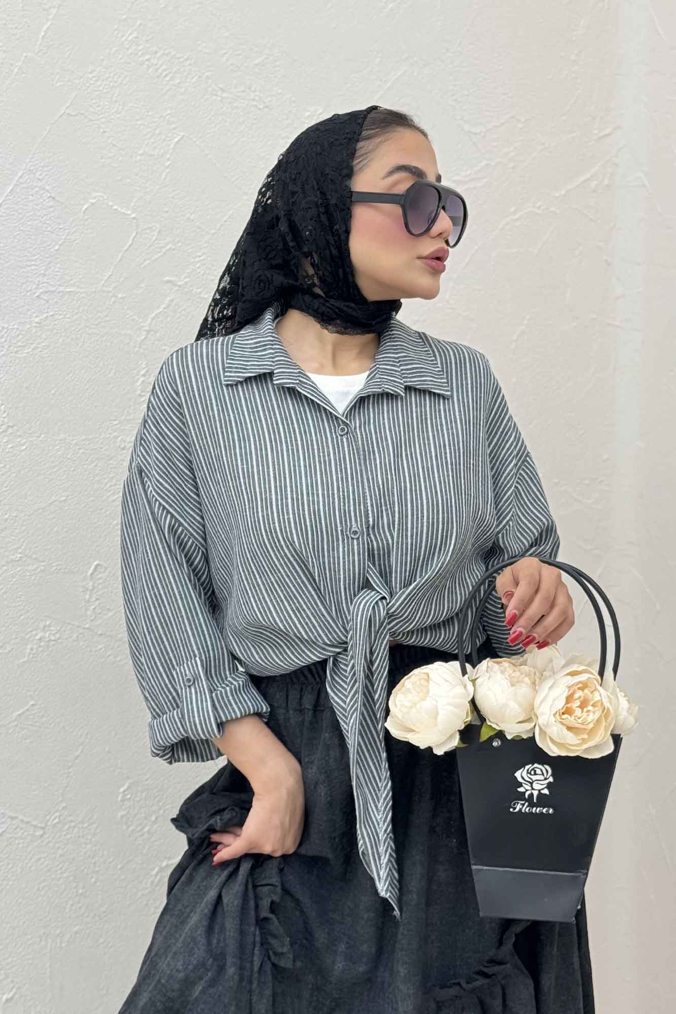 شومیز گره ای لینن زارا راه راه