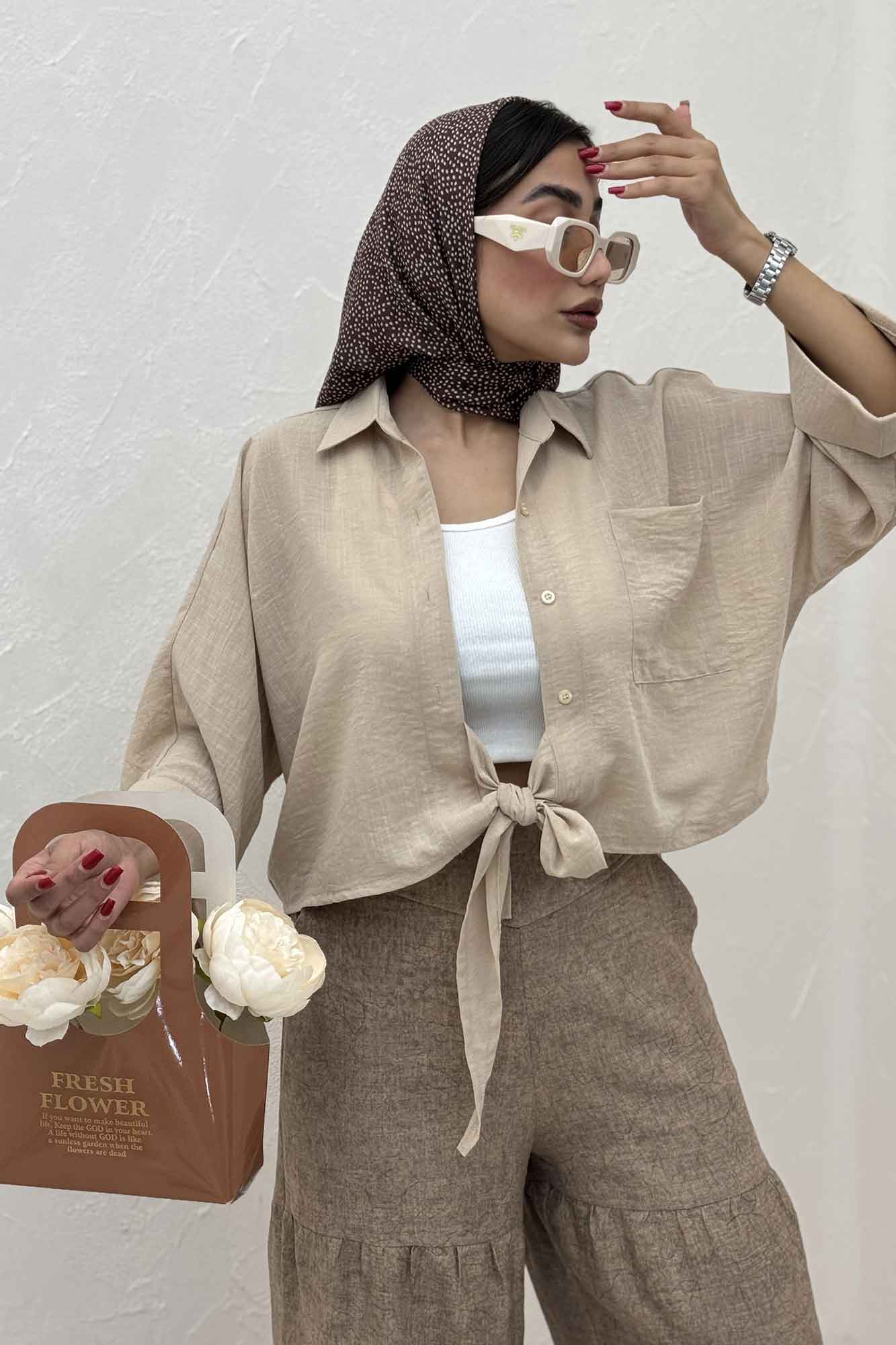 شومیز گره ای تک جیب لینن SND