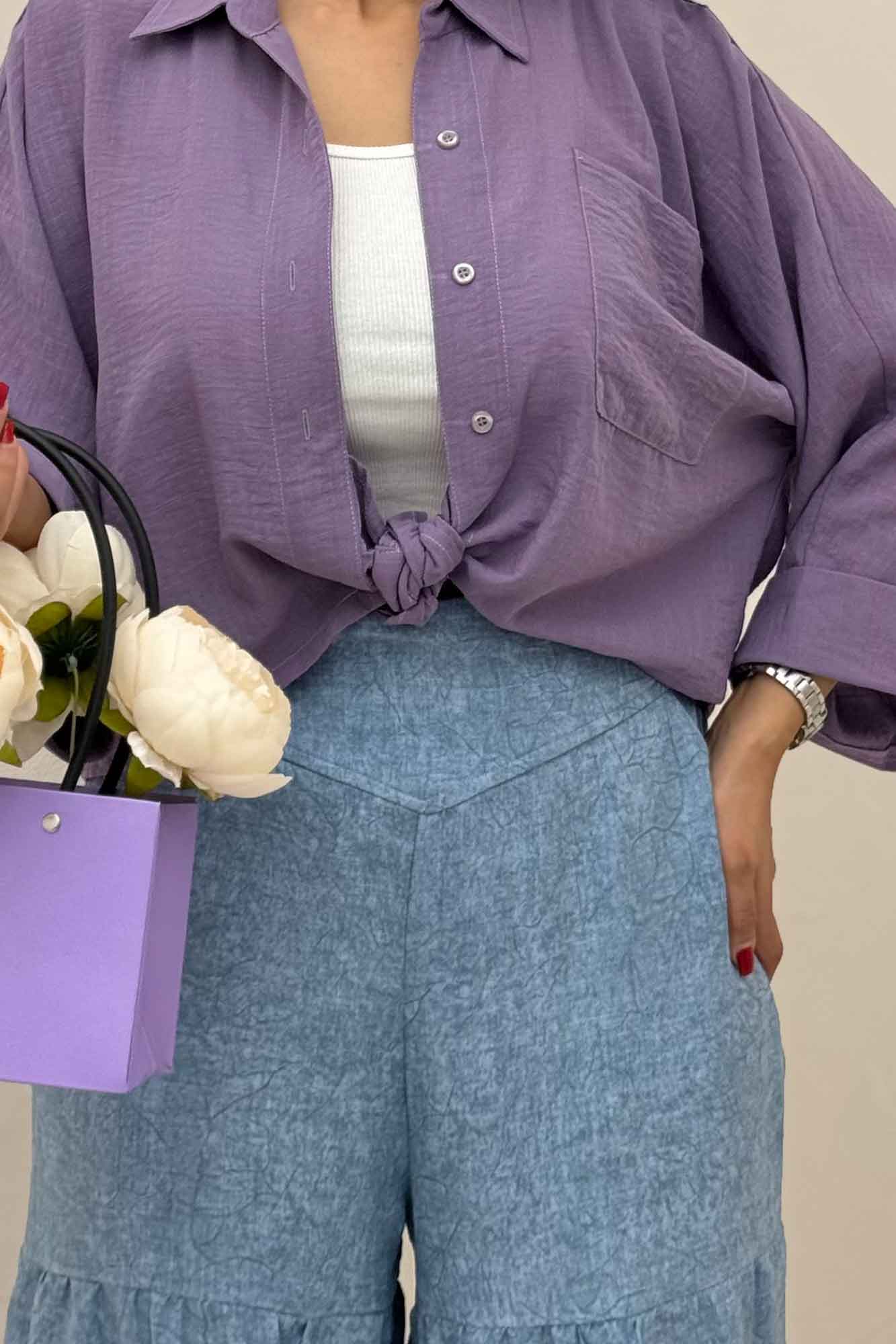 شومیز گره ای تک جیب لینن SND