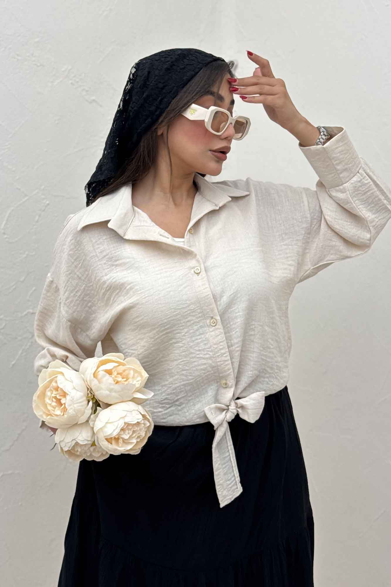 شومیز لینن کتان گره ای مچ دار