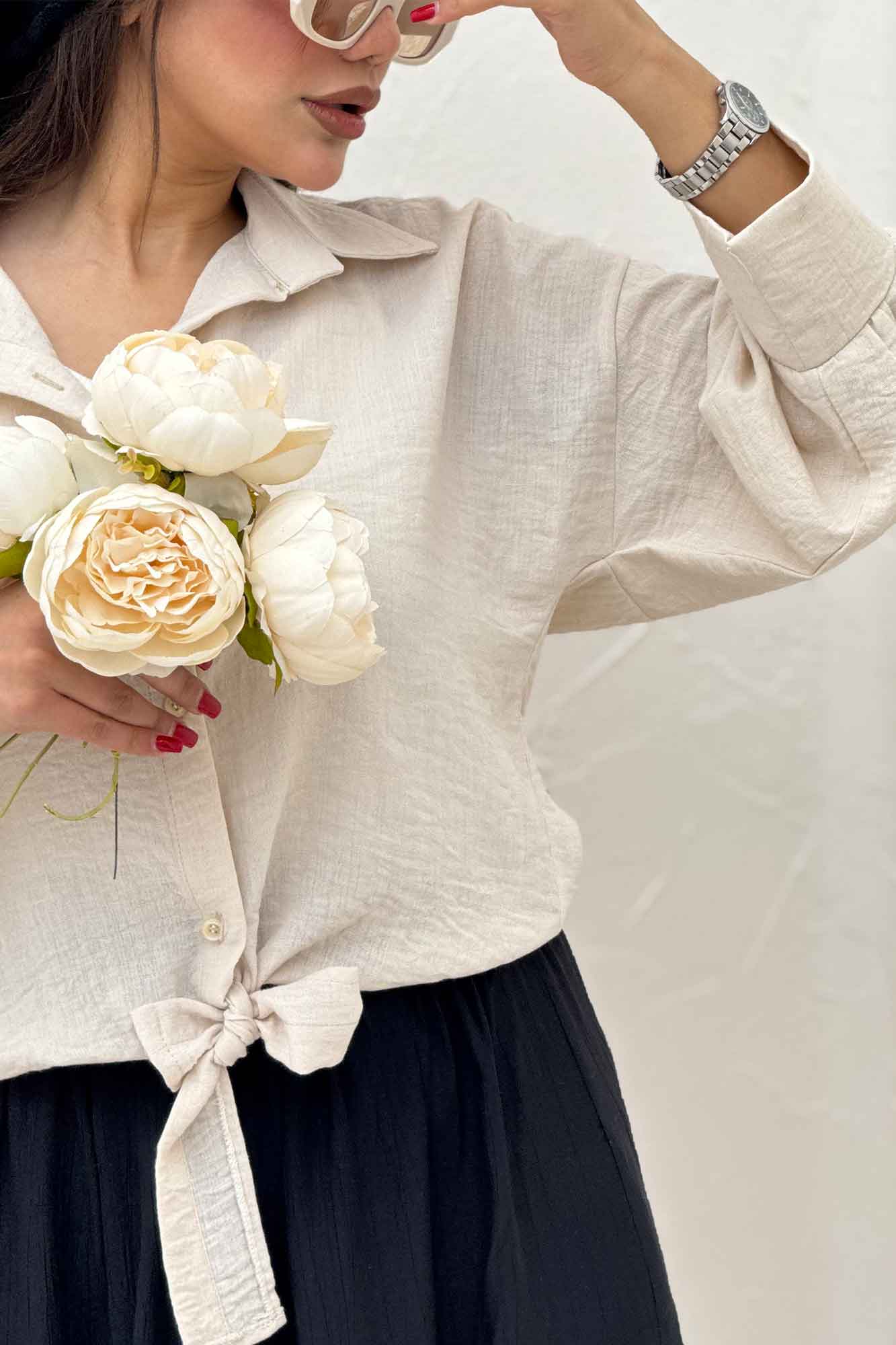 شومیز لینن کتان گره ای مچ دار