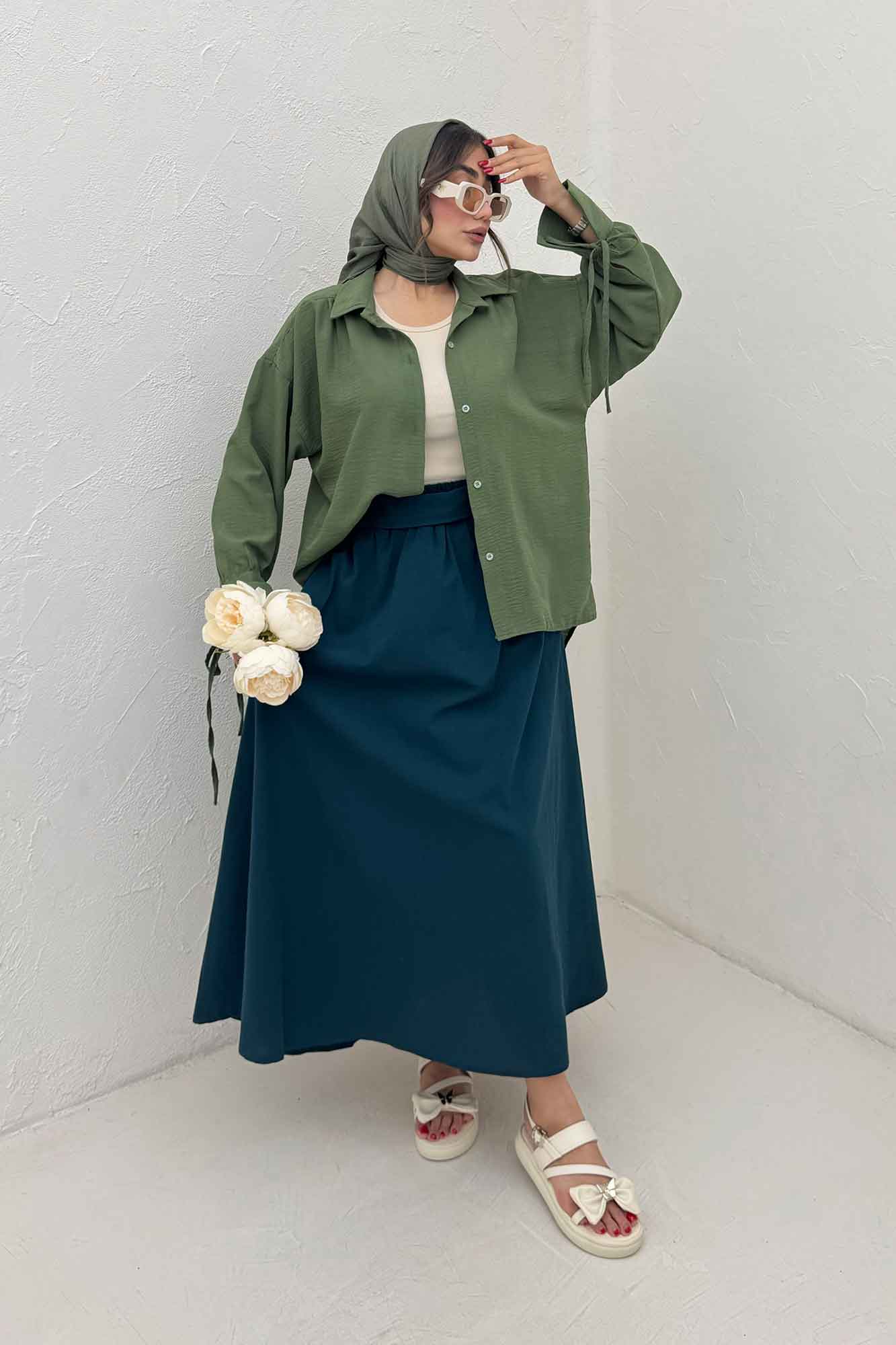 شومیز مانتویی آستین بنددار لینن SND