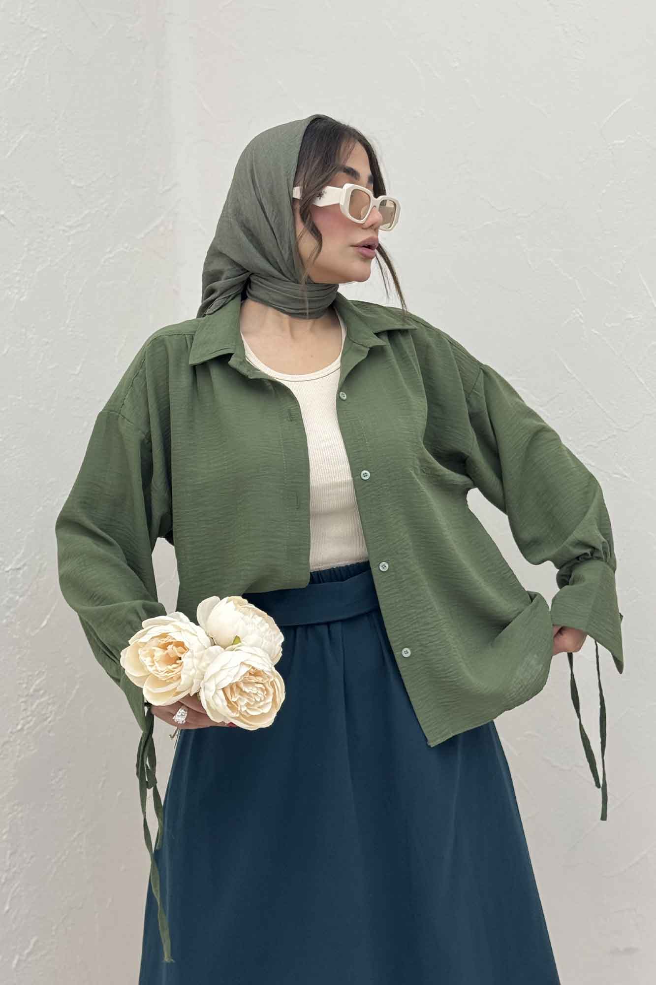 شومیز مانتویی آستین بنددار لینن SND