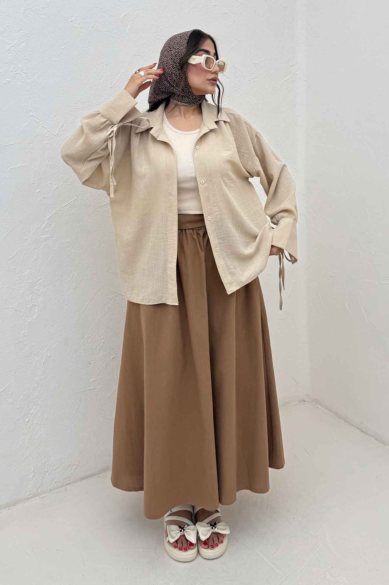 شومیز مانتویی آستین بنددار لینن SND