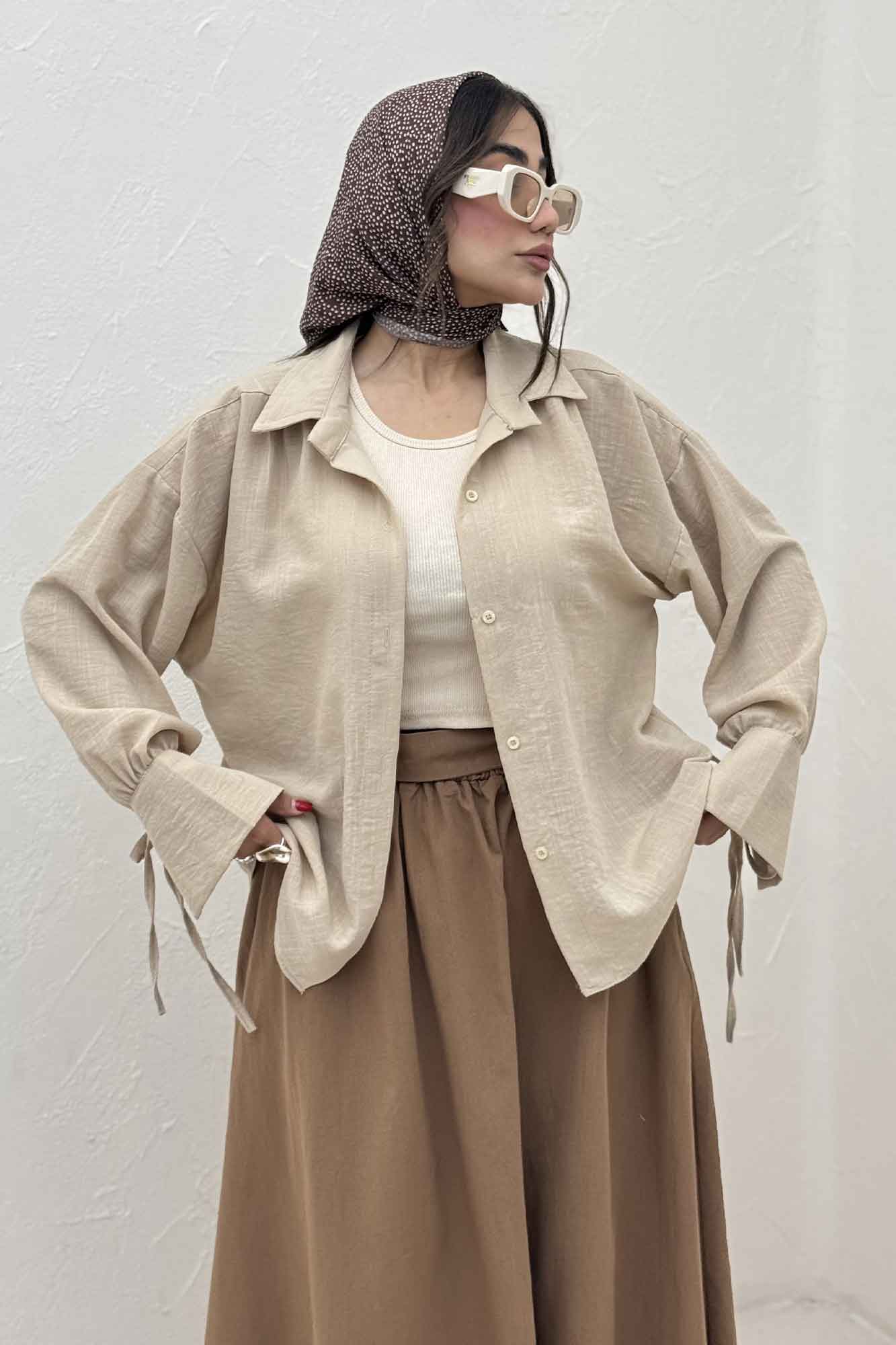 شومیز مانتویی آستین بنددار لینن SND