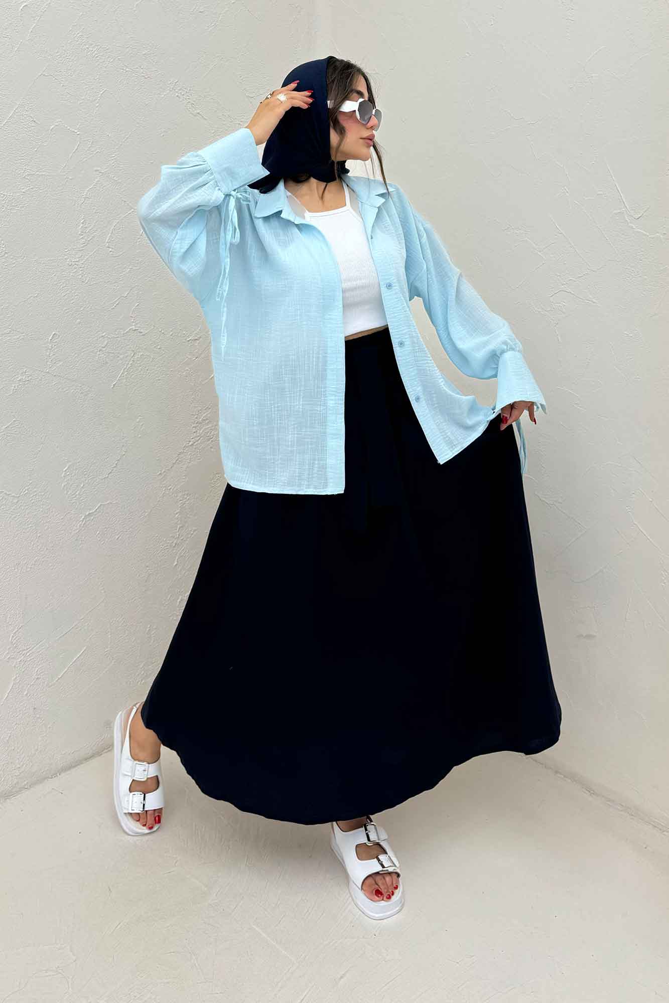 شومیز مانتویی آستین بنددار لینن SND