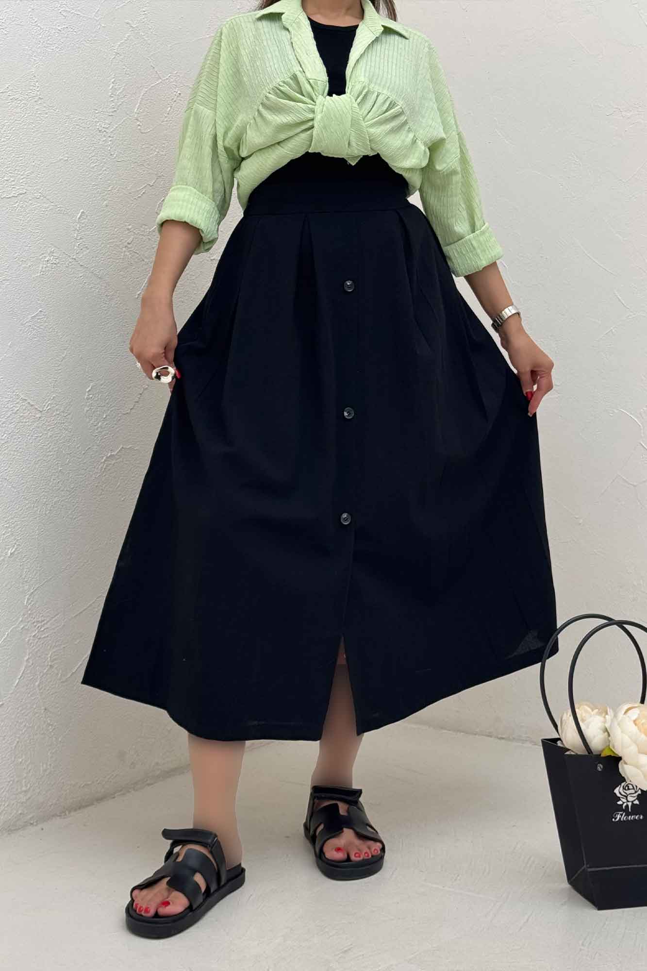 دامن لینن جلو دکمه وسط چاکدار