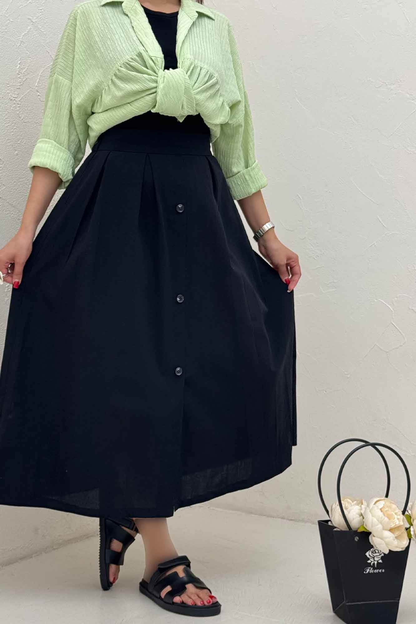 دامن لینن جلو دکمه وسط چاکدار