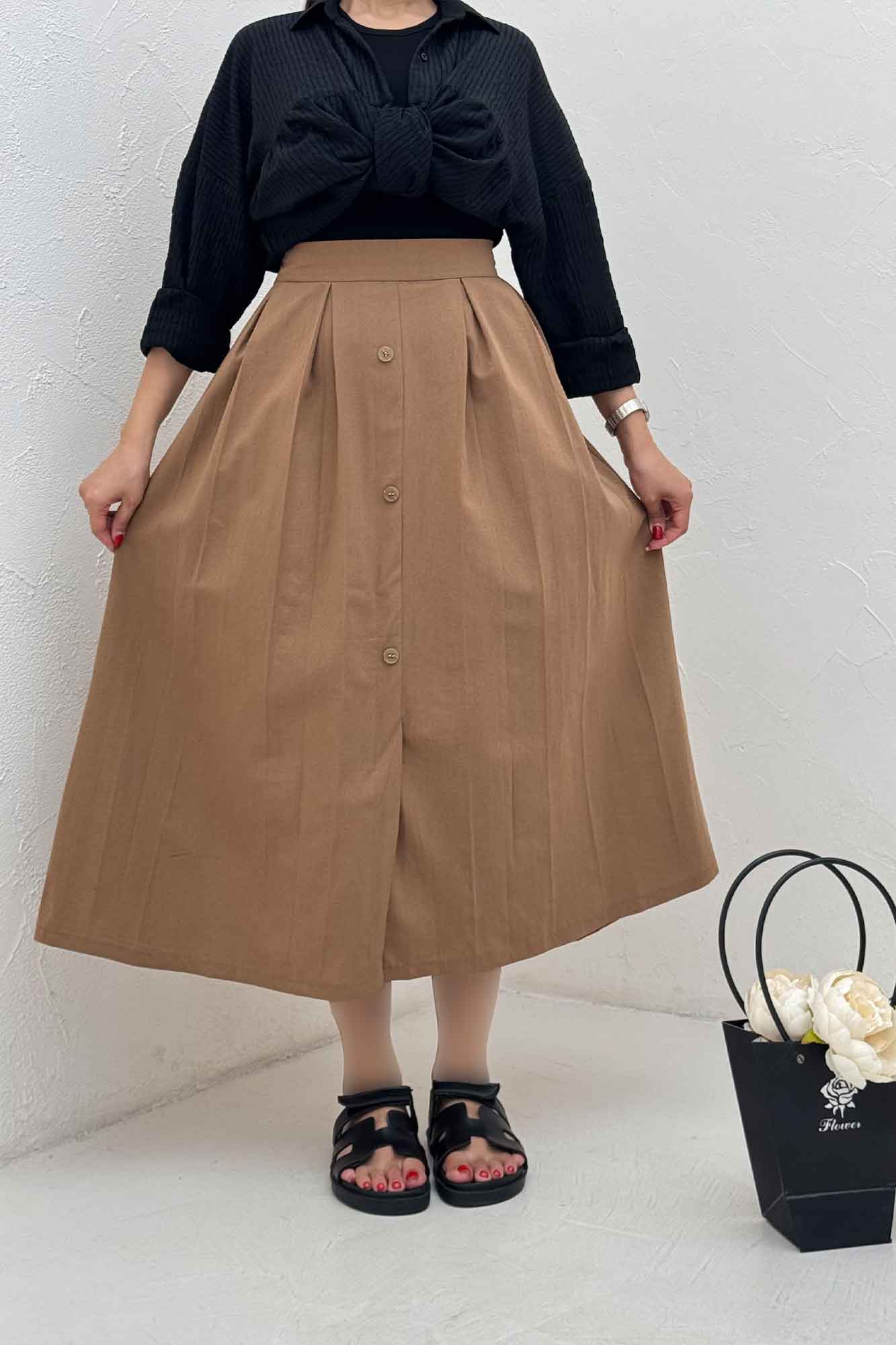 دامن لینن جلو دکمه وسط چاکدار