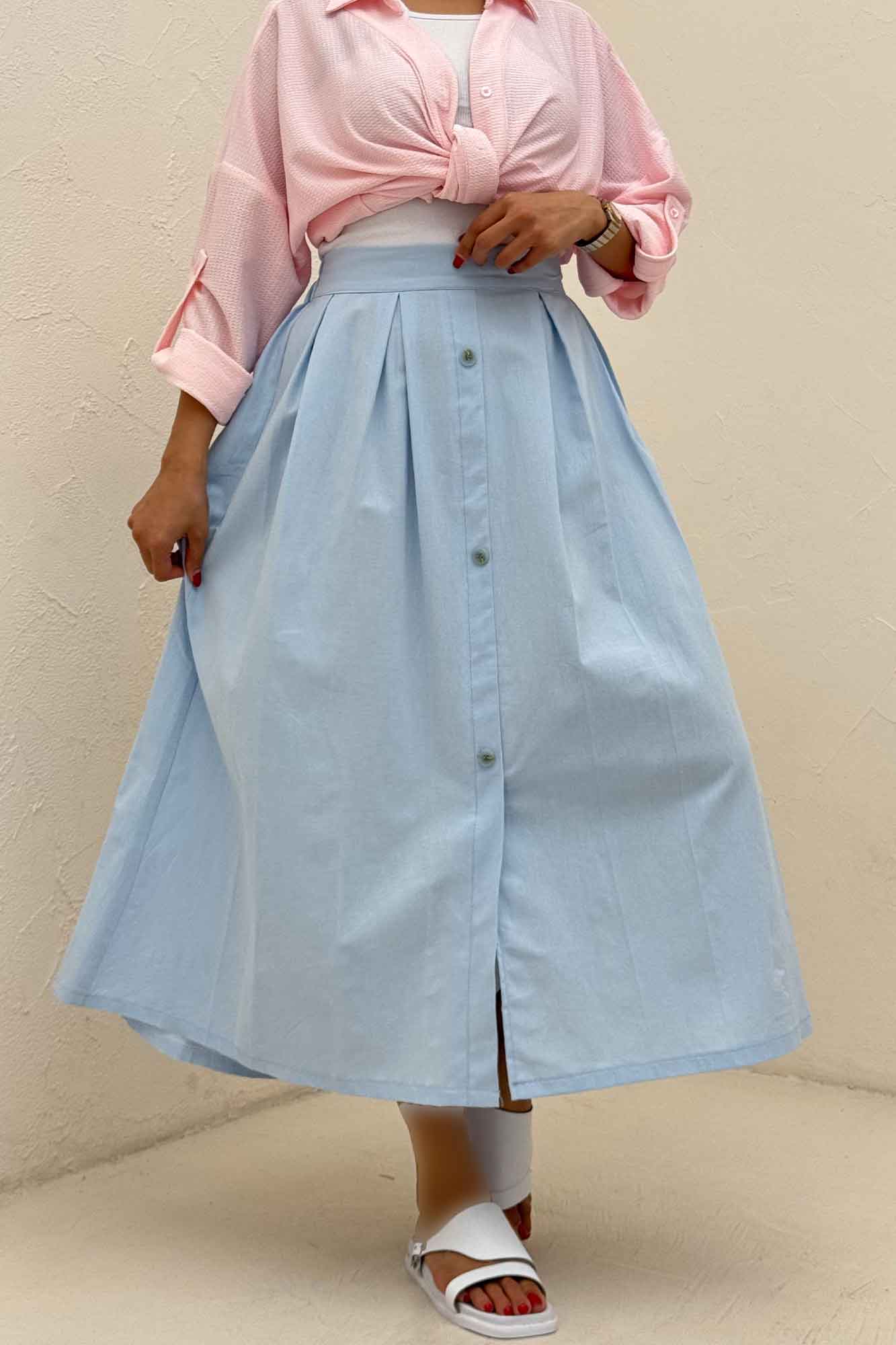 دامن لینن جلو دکمه وسط چاکدار