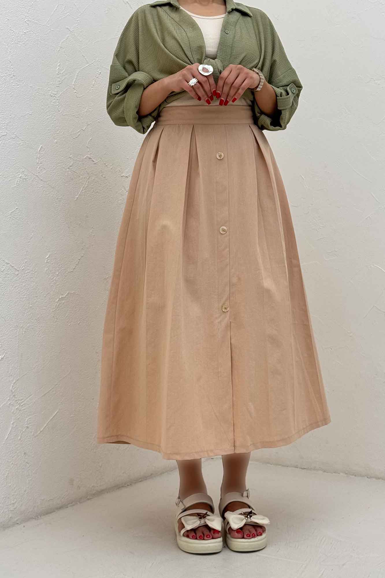 دامن لینن جلو دکمه وسط چاکدار