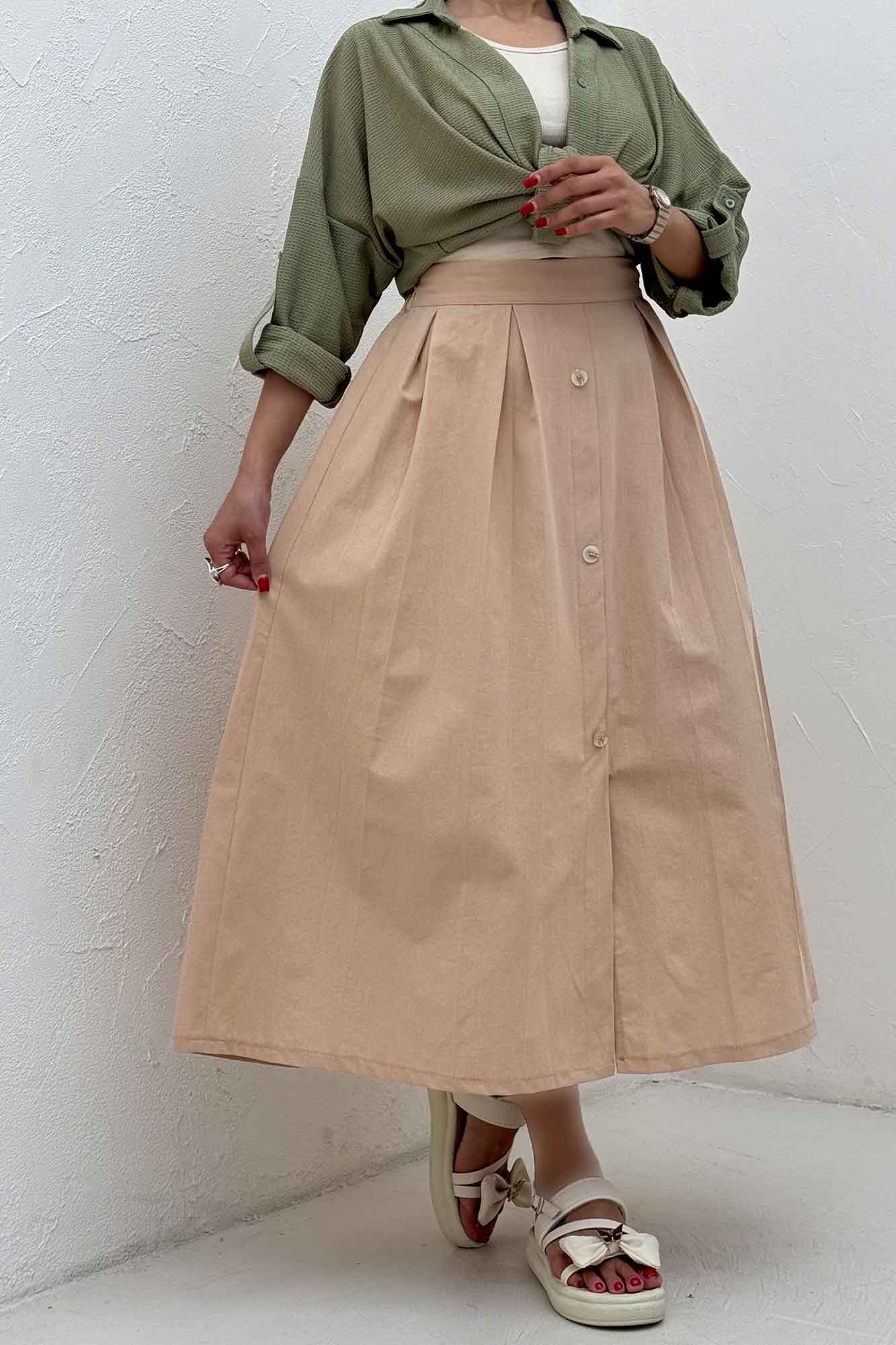 دامن لینن جلو دکمه وسط چاکدار