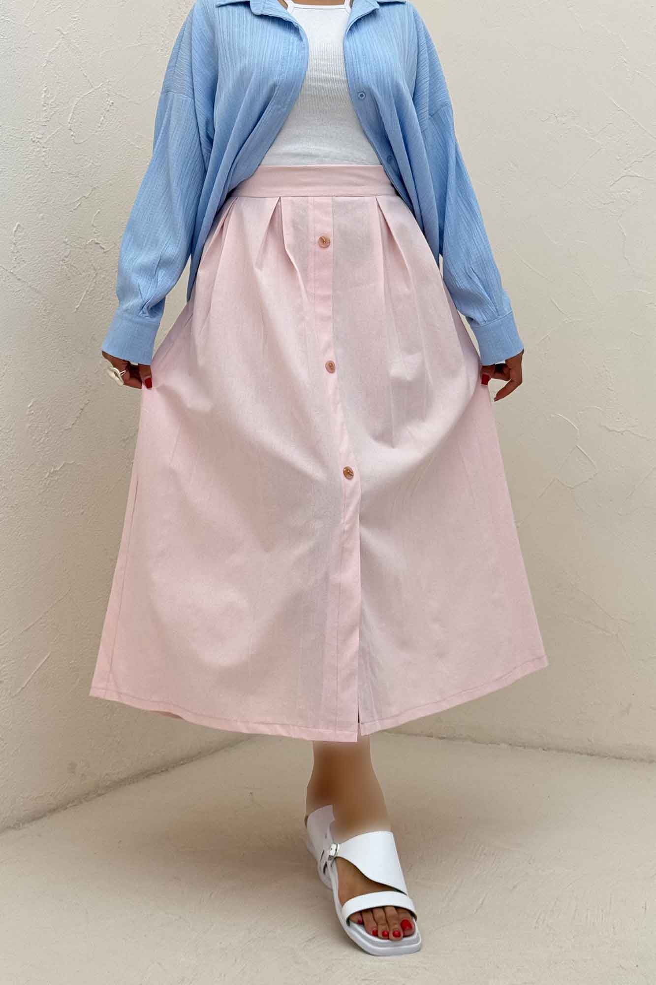 دامن لینن جلو دکمه وسط چاکدار