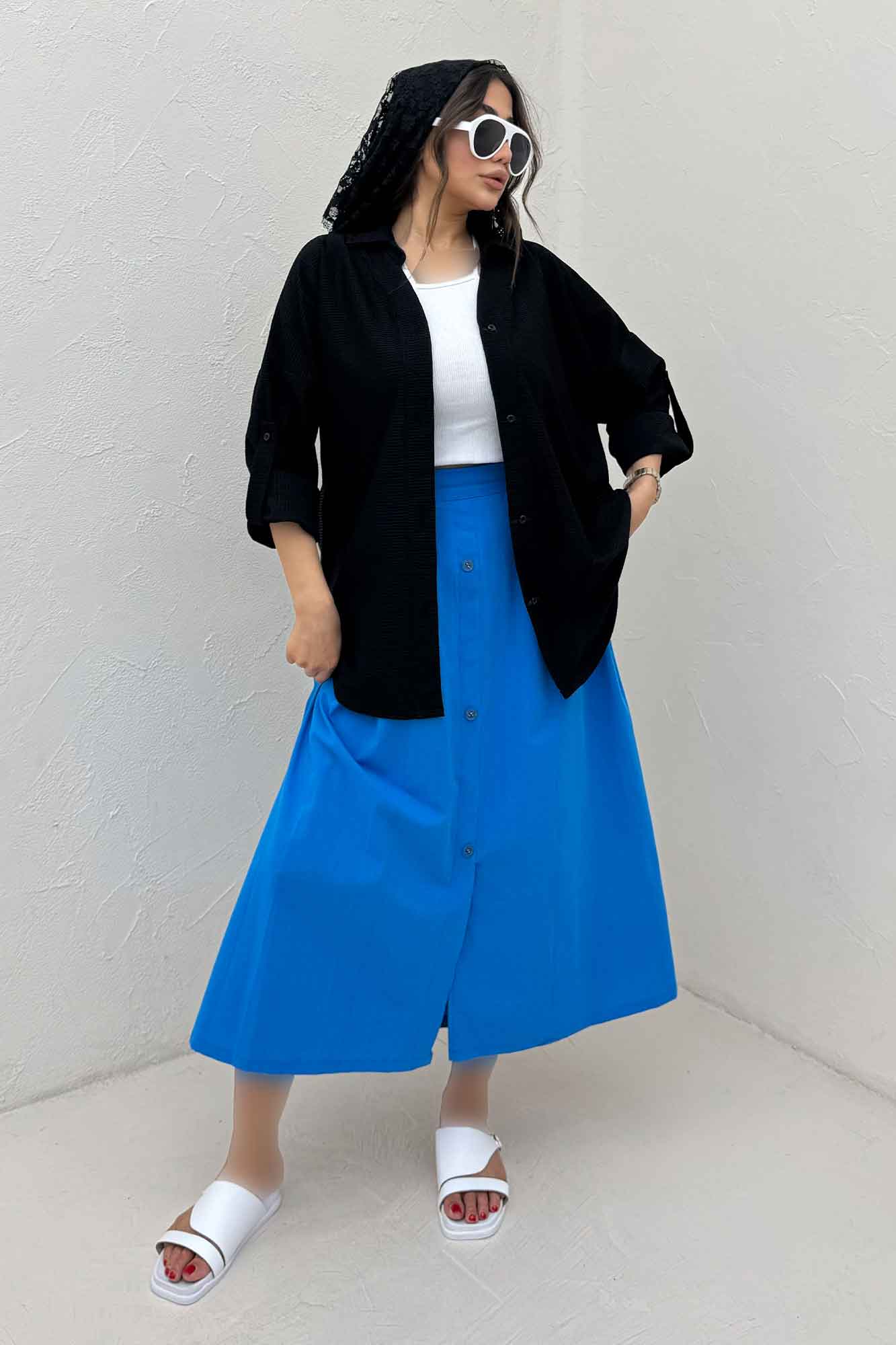 مانتو پاگن دار لینن کنفی یقه آبشاری