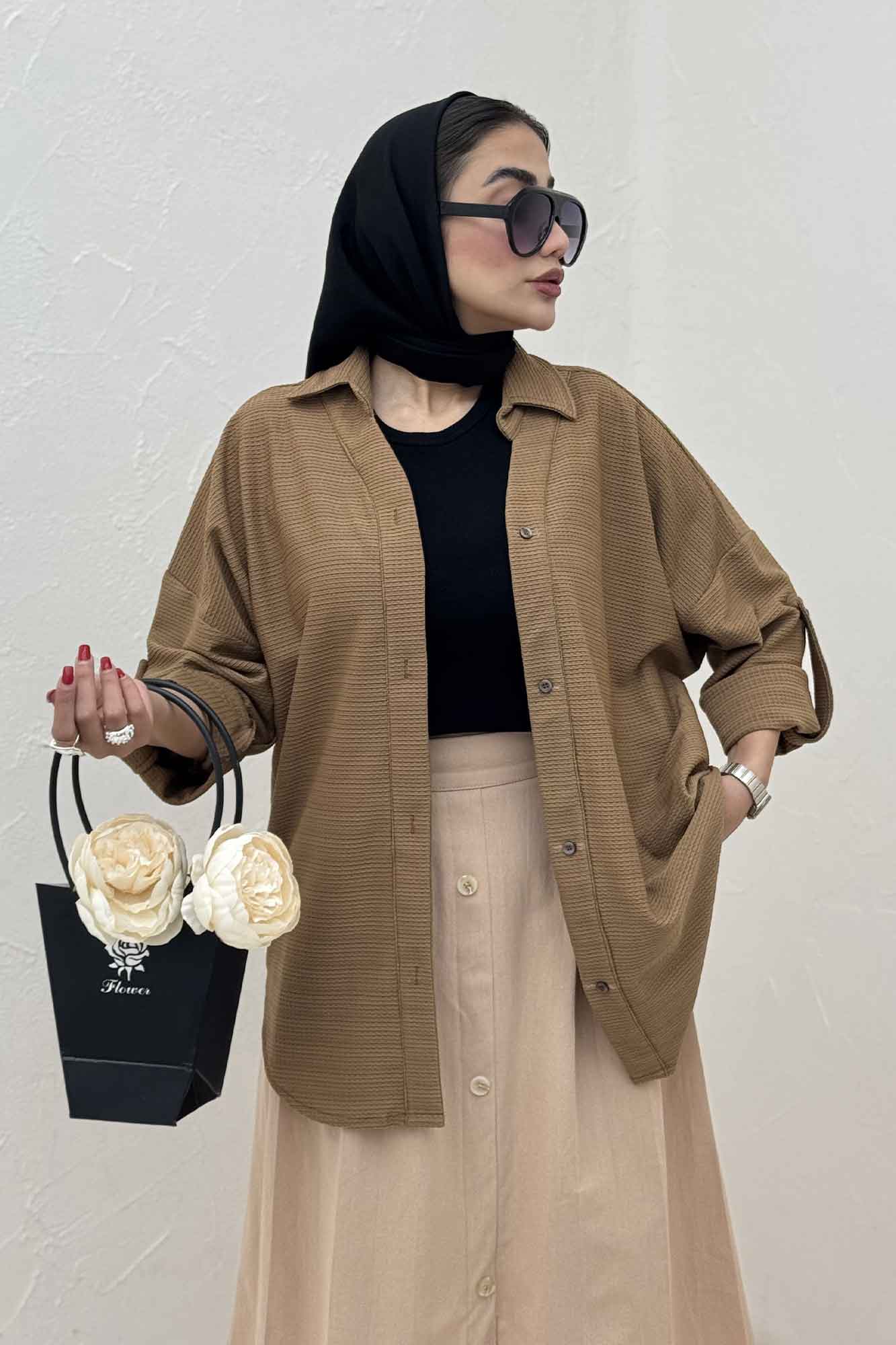 مانتو پاگن دار لینن کنفی یقه آبشاری