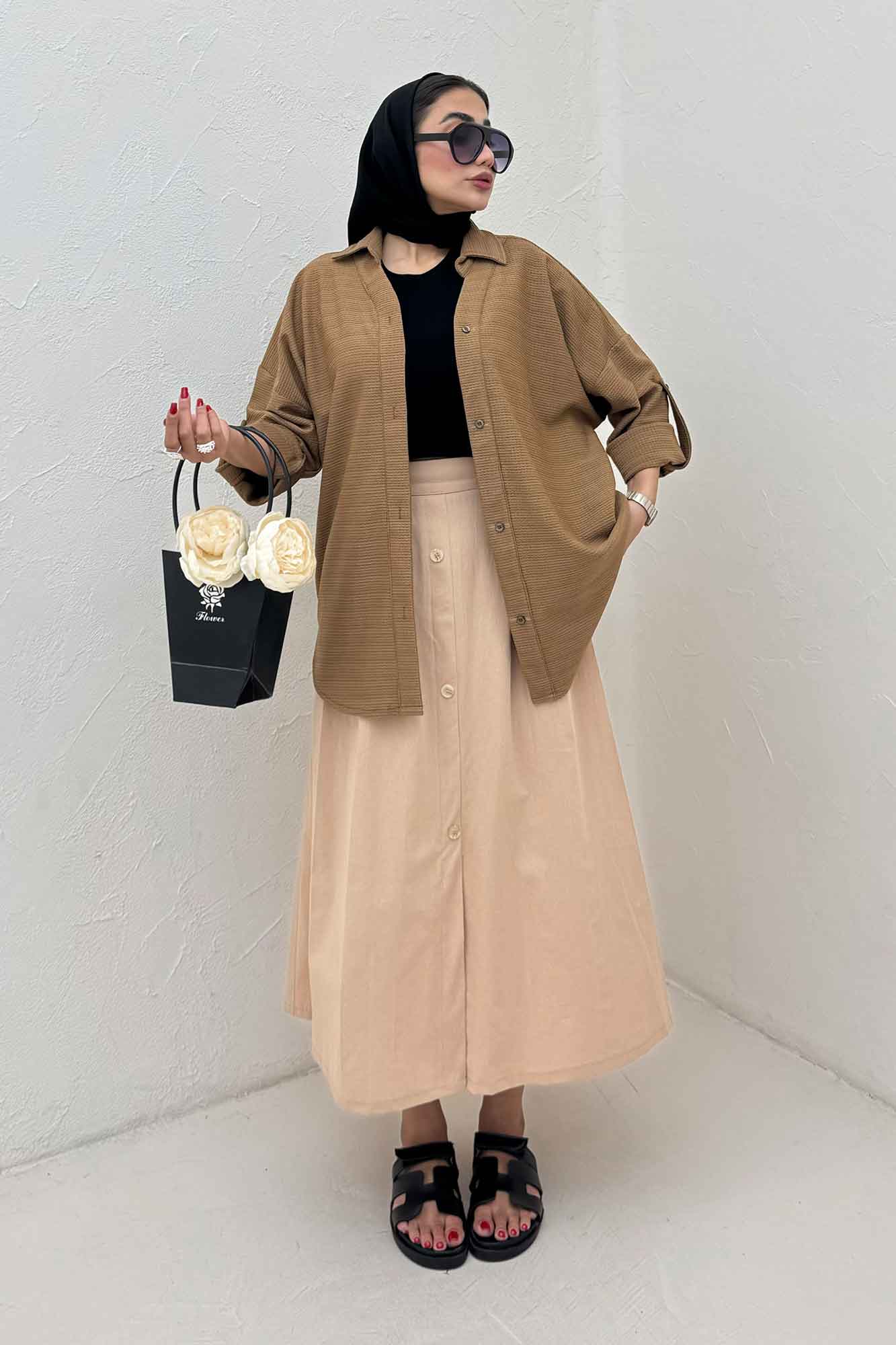 مانتو پاگن دار لینن کنفی یقه آبشاری