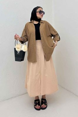 مانتو پاگن دار لینن کنفی یقه آبشاری