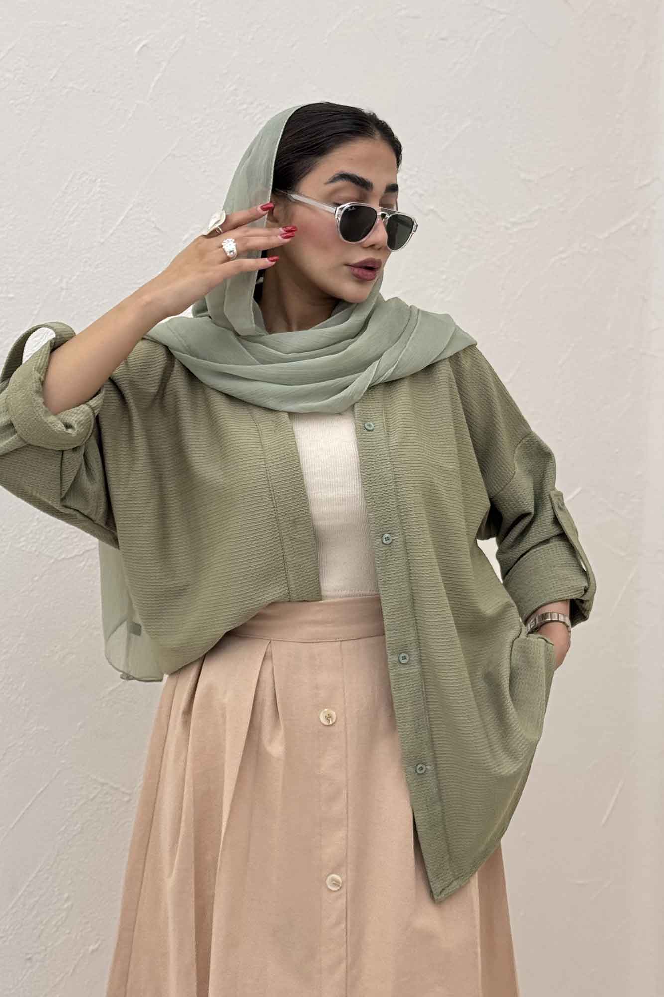 مانتو پاگن دار لینن کنفی یقه آبشاری