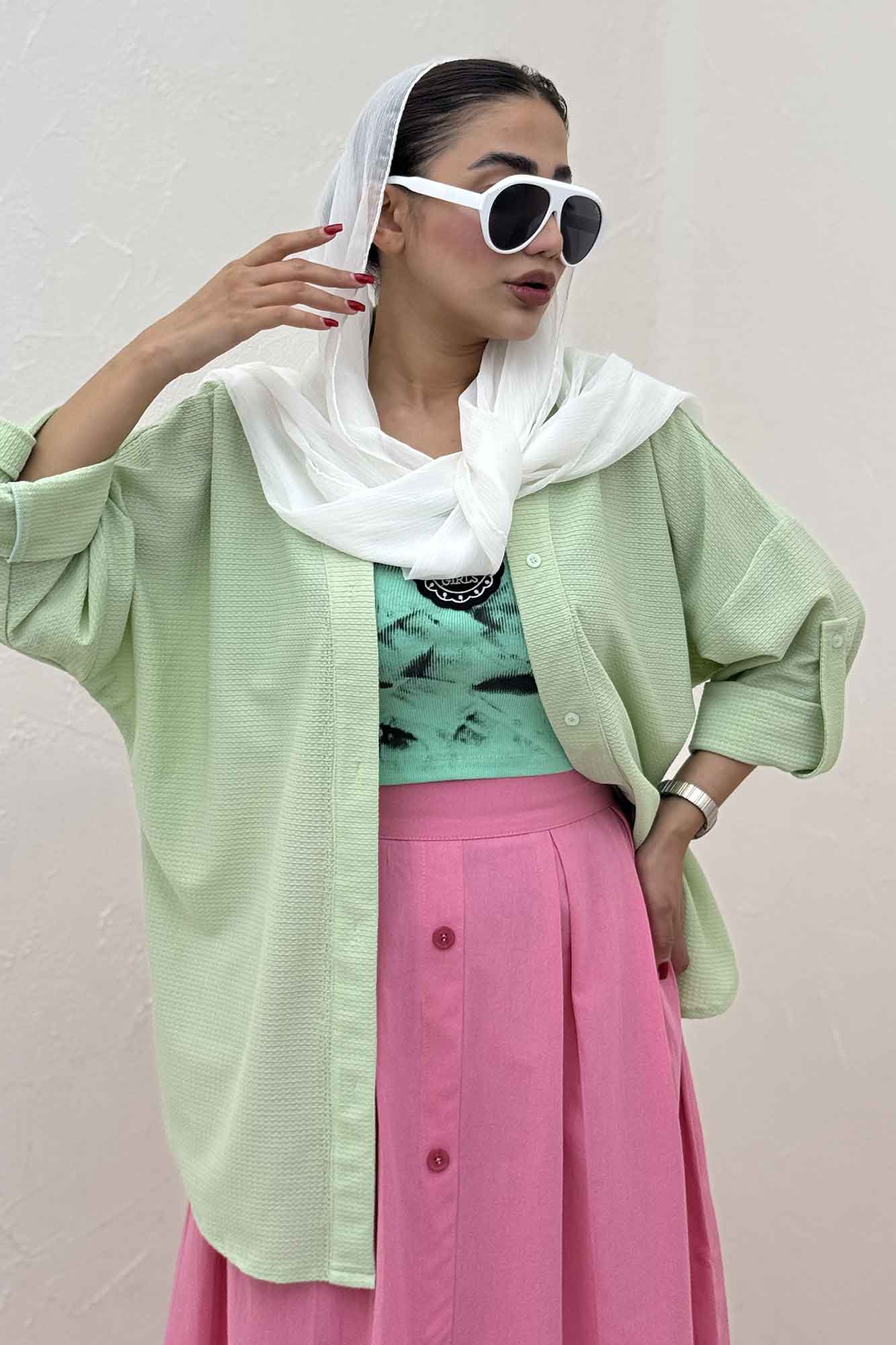 مانتو پاگن دار لینن کنفی یقه آبشاری