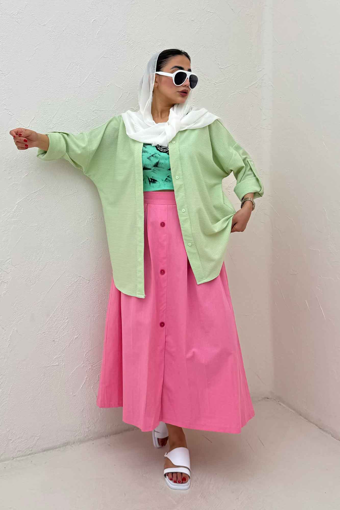 مانتو پاگن دار لینن کنفی یقه آبشاری