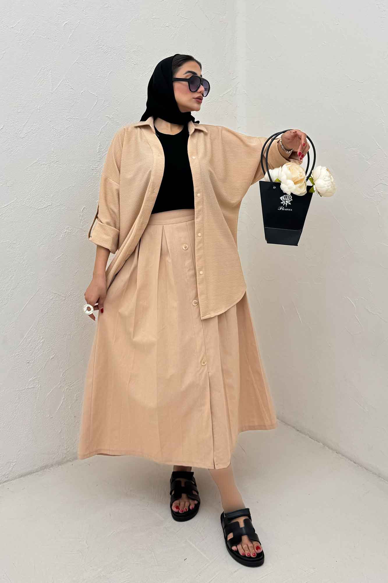 مانتو پاگن دار لینن کنفی یقه آبشاری