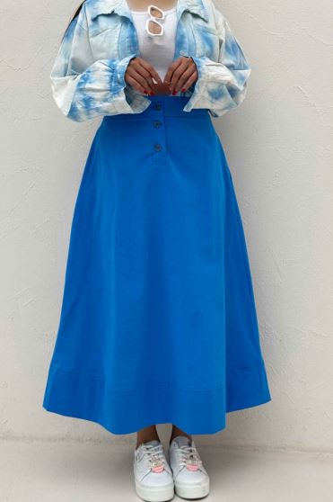 دامن بلند لینن سه دکمه لب دوز