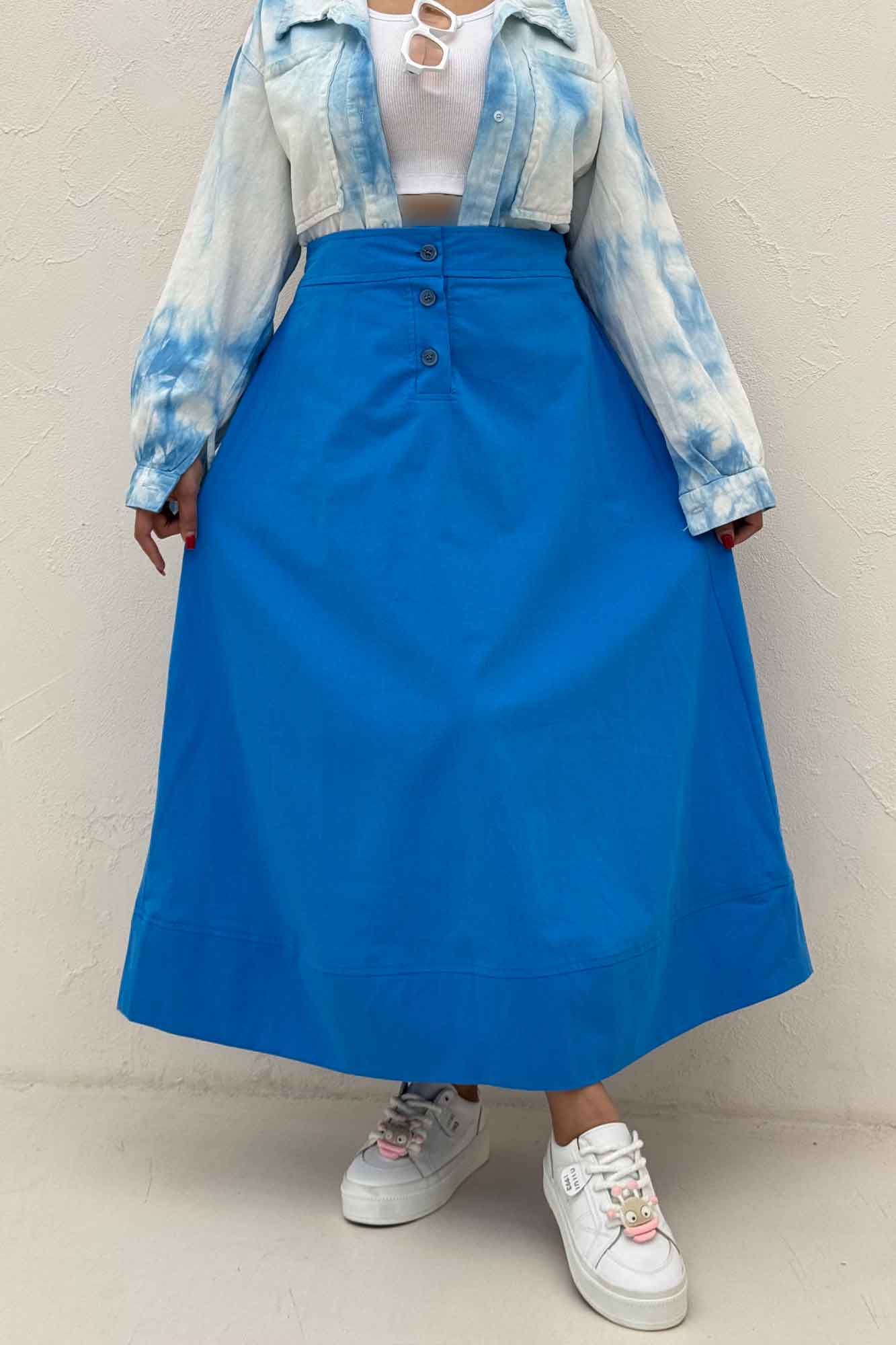 دامن بلند لینن سه دکمه لب دوز