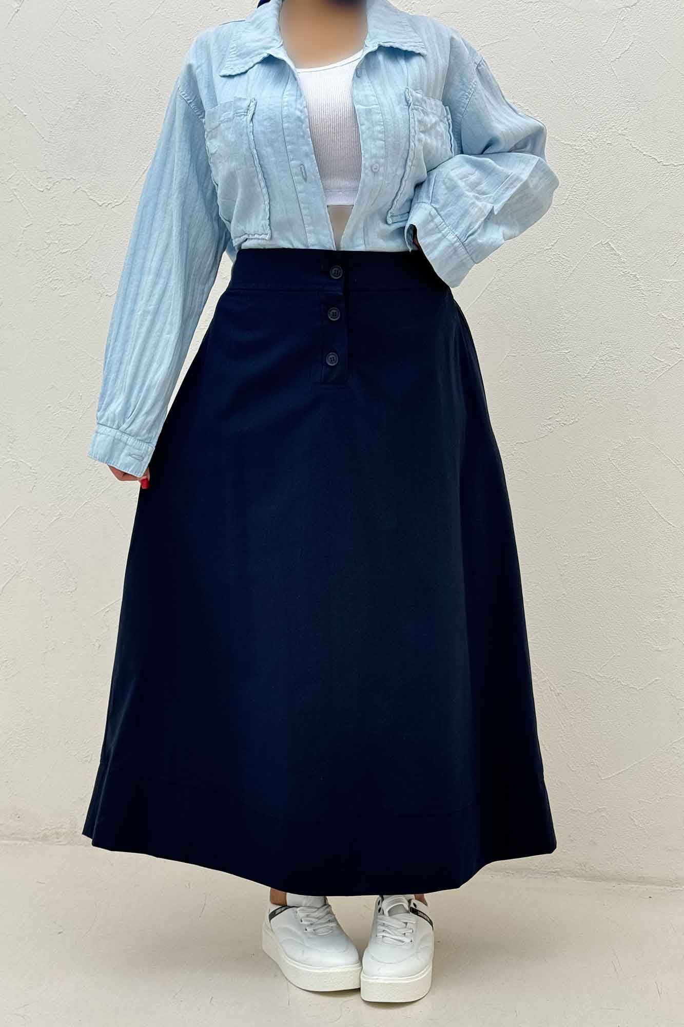 دامن بلند لینن سه دکمه لب دوز